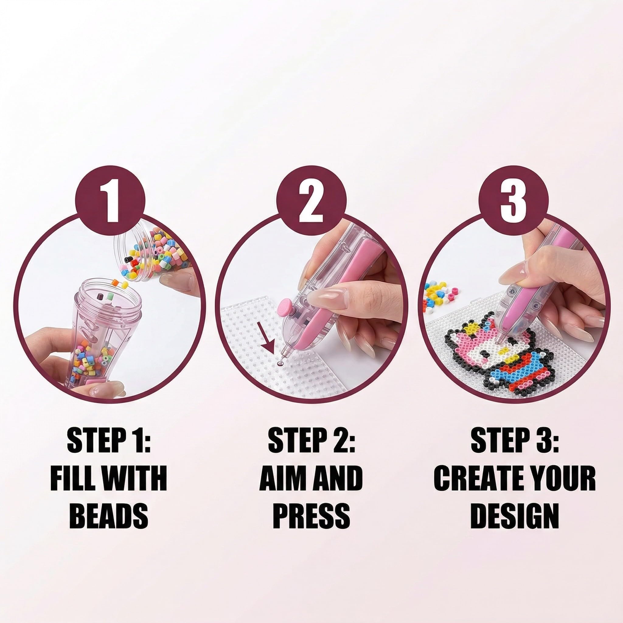 Pluma Para Cuentas Fuse Beads 2.6Mm, Distribuidor De Cuentas Fusibles Para Decoraciones Diy Navideñas Y Caseras, Interacción Padre-Hijo Y Manualidades Para Niños(Rosa)