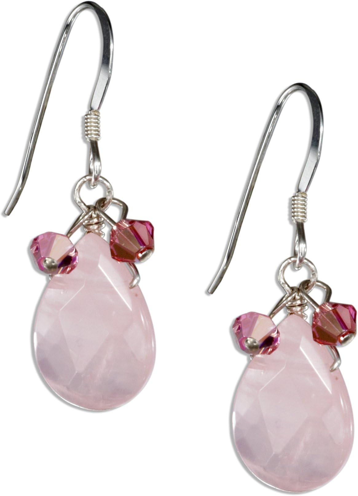 Sterling Silver 925 Rose Quartz Teardrop Earrings with Pink Austrian Crystals
