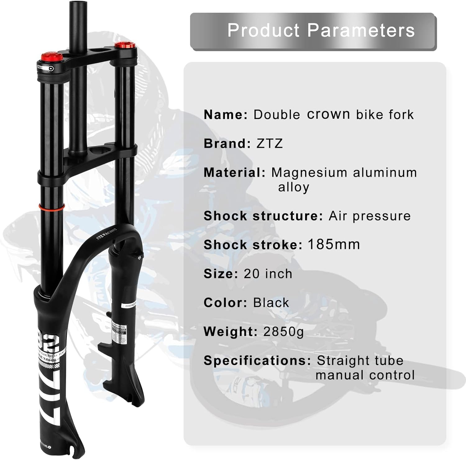 ZTZ 20/26 inch 4.0 Fat Tire Bike Air Suspension Fork - 180mm Travel, 135mm Hub Spacing, QR 9mm, Double Crown Shock Absorber Fork for MTB Fat Snow Beach E-Bike