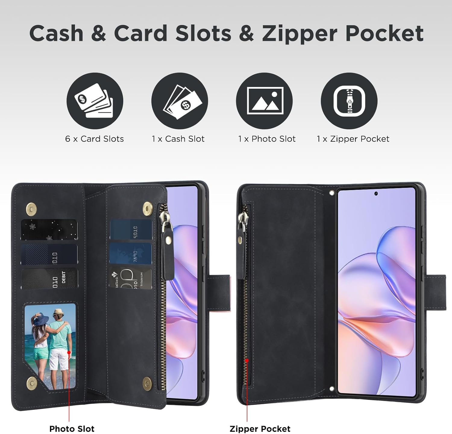 for Samsung Galaxy S26-Wallet Case: with RFID Blocking Card Slots (6 Cards) | Soft PU Leather Magnetic Snap Zipper Pocket | Crossbody Wrist Strap Protective Phone Cover - Black