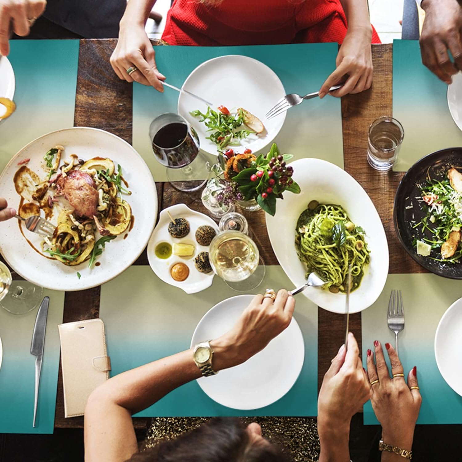 Ombre Yellow Turquoise Abstract Art Placemats for Dinning Table Set of 4 Burlap Kitchen Place Mats Waterproof Cloth Table Mats, Indoor Outdoor Placemats Easy Clean Dinner Decor 13x19