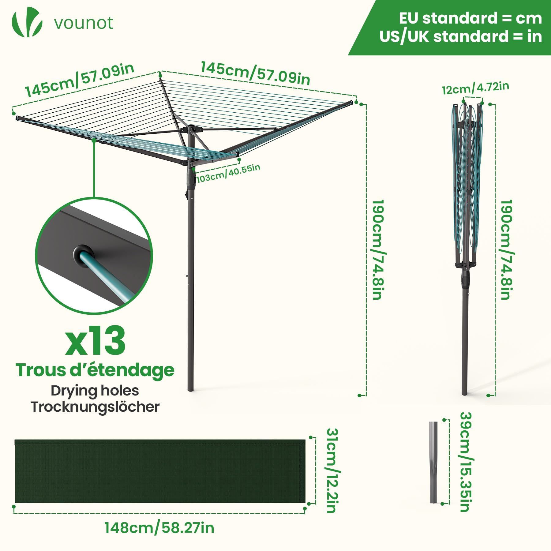 VOUNOT® Wäschespinne Draußen, Klappbarer Wäscheständer 4-stufig höhenverstellbar, Wäscheschirm mit 50m Wäscheleine inkl. Bodenhülse und Schutzhülle, Grau-Blau