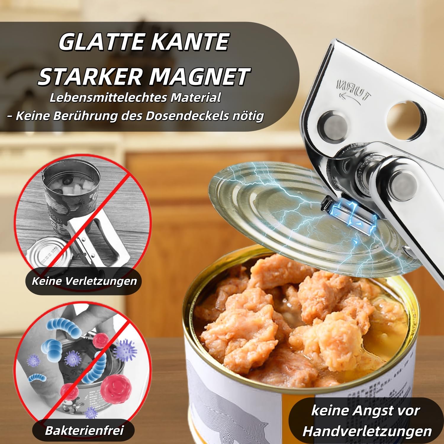 Apriscatole professionale in acciaio inox con impugnatura comoda, funzionamento manuale, bordo liscio, per anziani e cucina (nero)