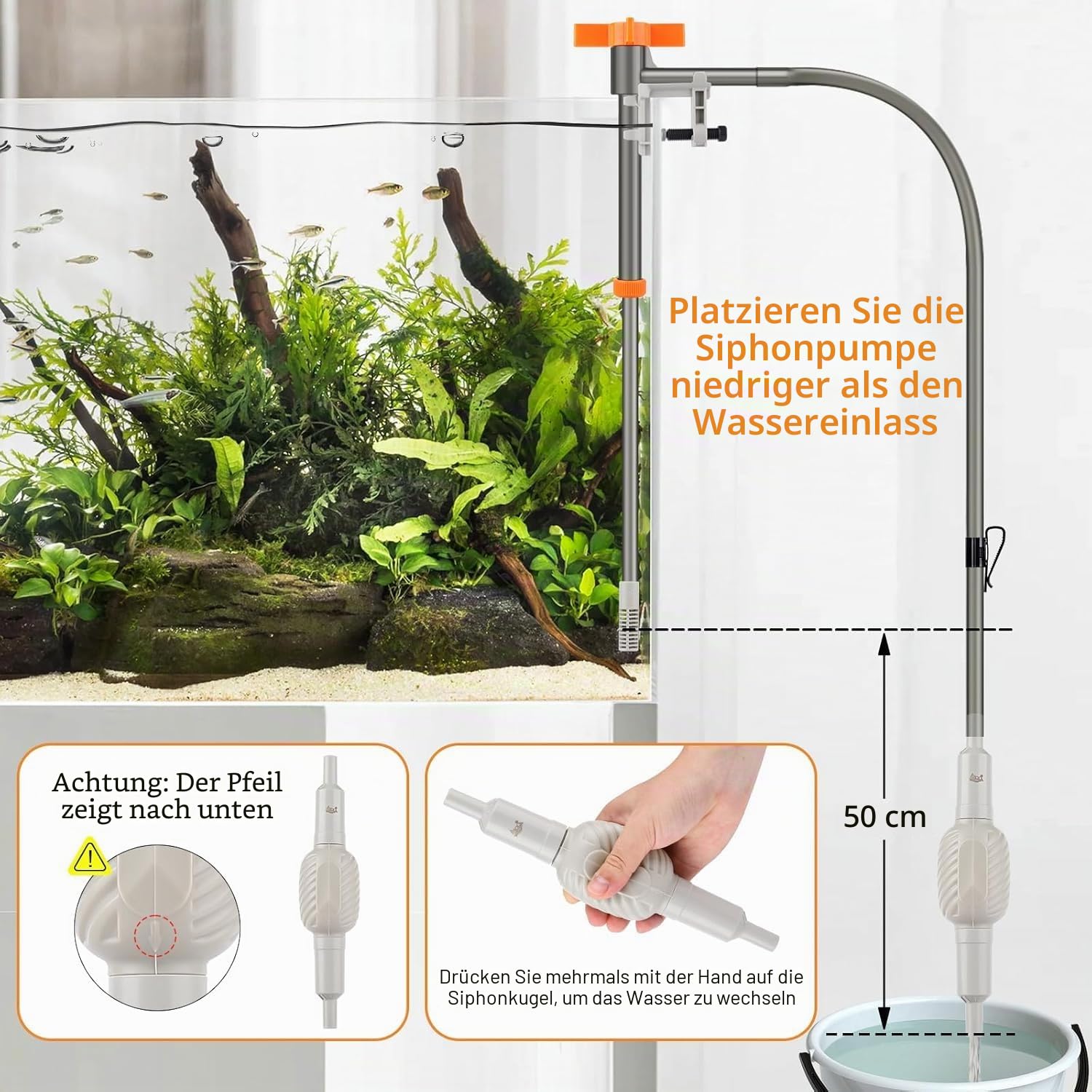 AQQA Mulmsauger Aquarium, Aquarium Sauger Bodengrund Reinigen, 3-in-1 Aquarium Reiniger mit Einstellbarer Wasserdurchfluss, Manueller Wasserwechsel und Sandreinigung (AQ177-M)