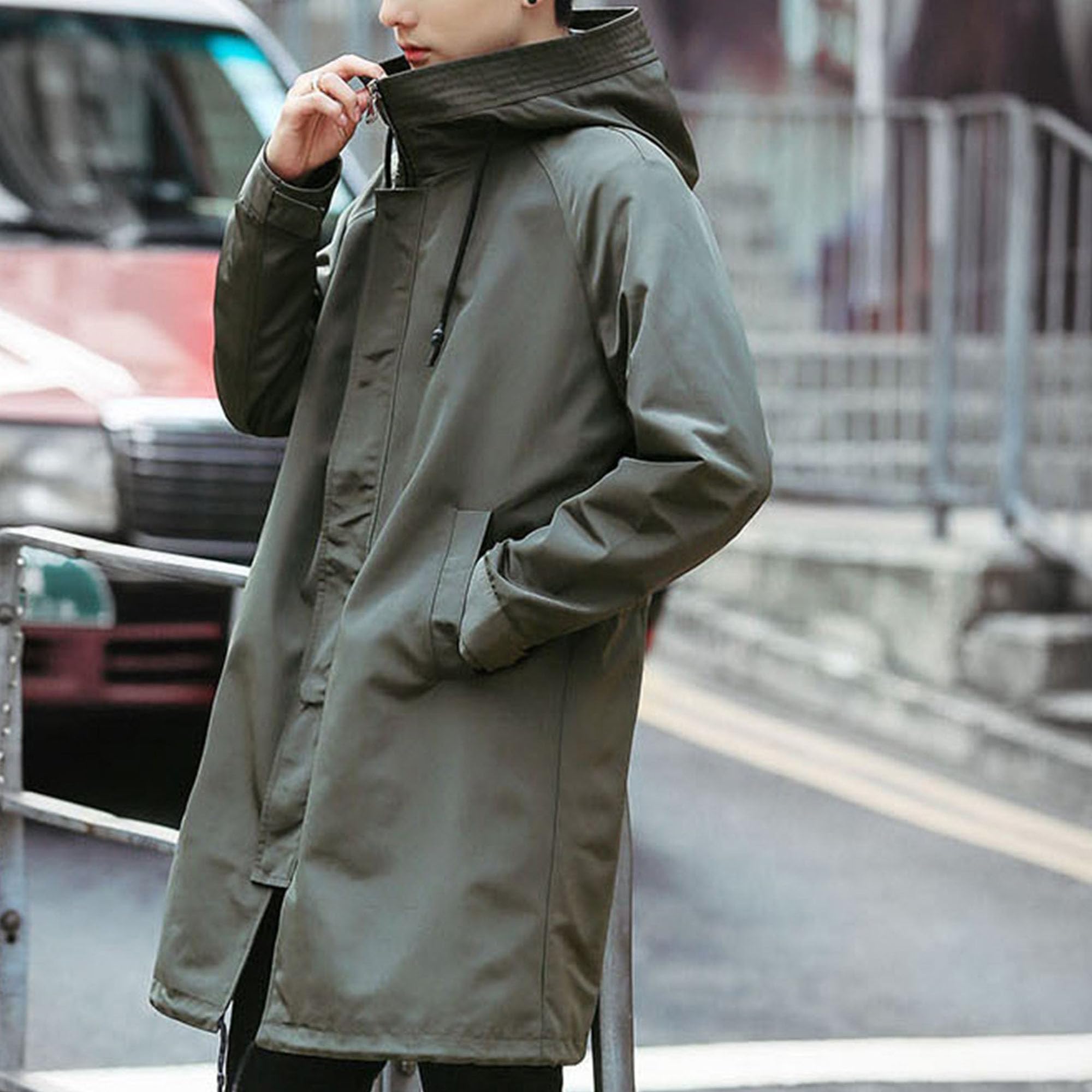 JEKE-DG Mens Drawstring Hooded Windbreaker Simple Loose Mid Long Overcoat Casual Trench Coat With Pockets (Medium,Army Green 1)