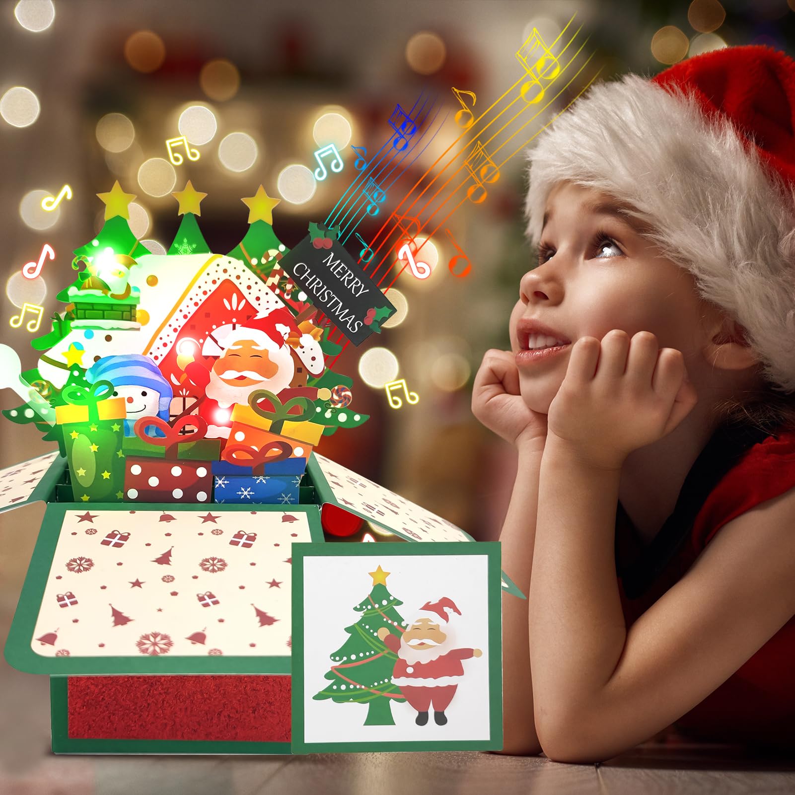 Tarjeta de Navidad 3D Pop Up Árbol de Navidad con luces y música, soporte para tarjetas de Navidad, tarjeta de Navidad, luz LED para niños, novia y familia (nieve)