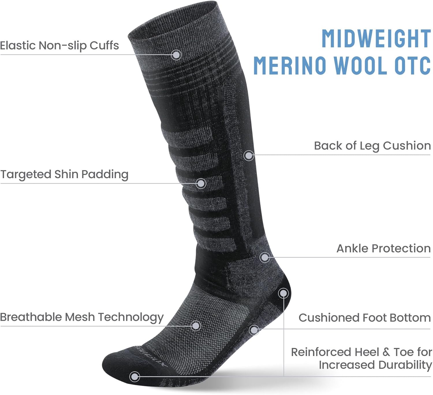 2-Pair Merino Wool Ski Socks, Made in USA Over-the-Calf Skiing and Snowboarding Socks for Men & Women (Ashland) - Image 4
