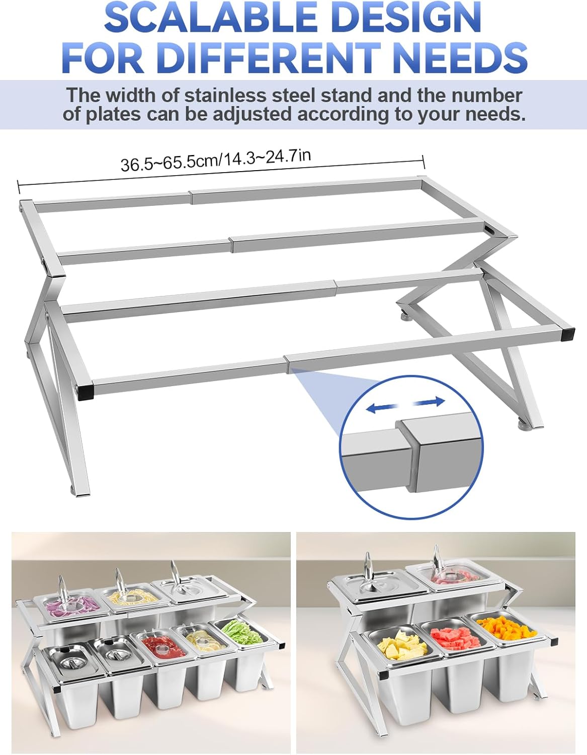 Lanstics 8 Pans Spice Rack Shelf 2 Row Stainless Steel Spice Organizer Stand with Lids Spoons Countertop Inclined Holder Buffet Containers Set for Sauce Jam Fruits Ingredient Kitchen Restaurant Pantry