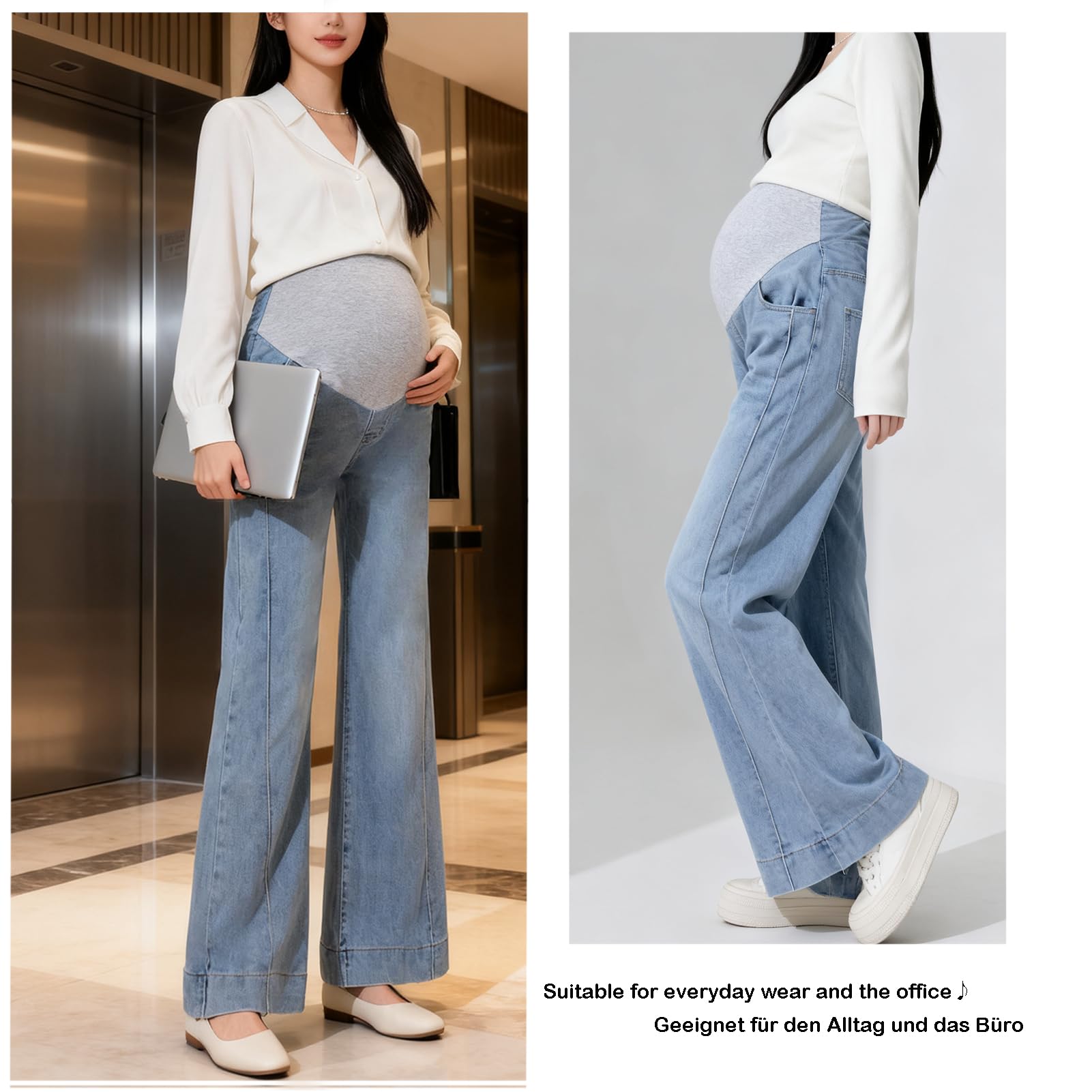Jeans in gravidanza, da donna, in vita regolabile, larghezza Bootcut/Flare Stretch Denim Lounge Pantaloni con tasche per donne piccole fino a 170 cm