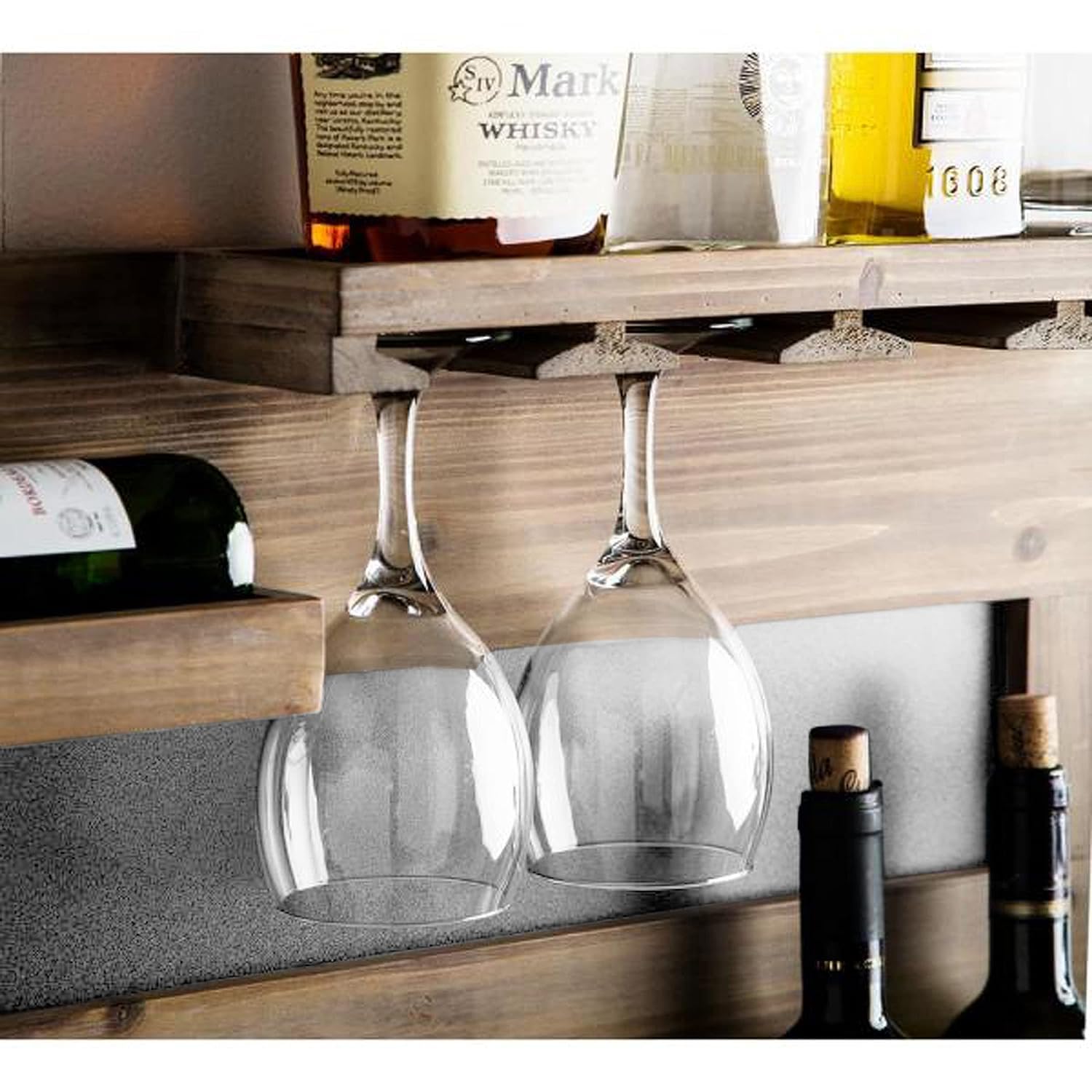 SRB FURNITURE Sheesham Wood Wine Rack | Wooden Storage Cabinet for Living Room and Kitchen | Wall Mounted Bar Cabinet with Glass Holder and Bottle Organizer for Home Bar 2