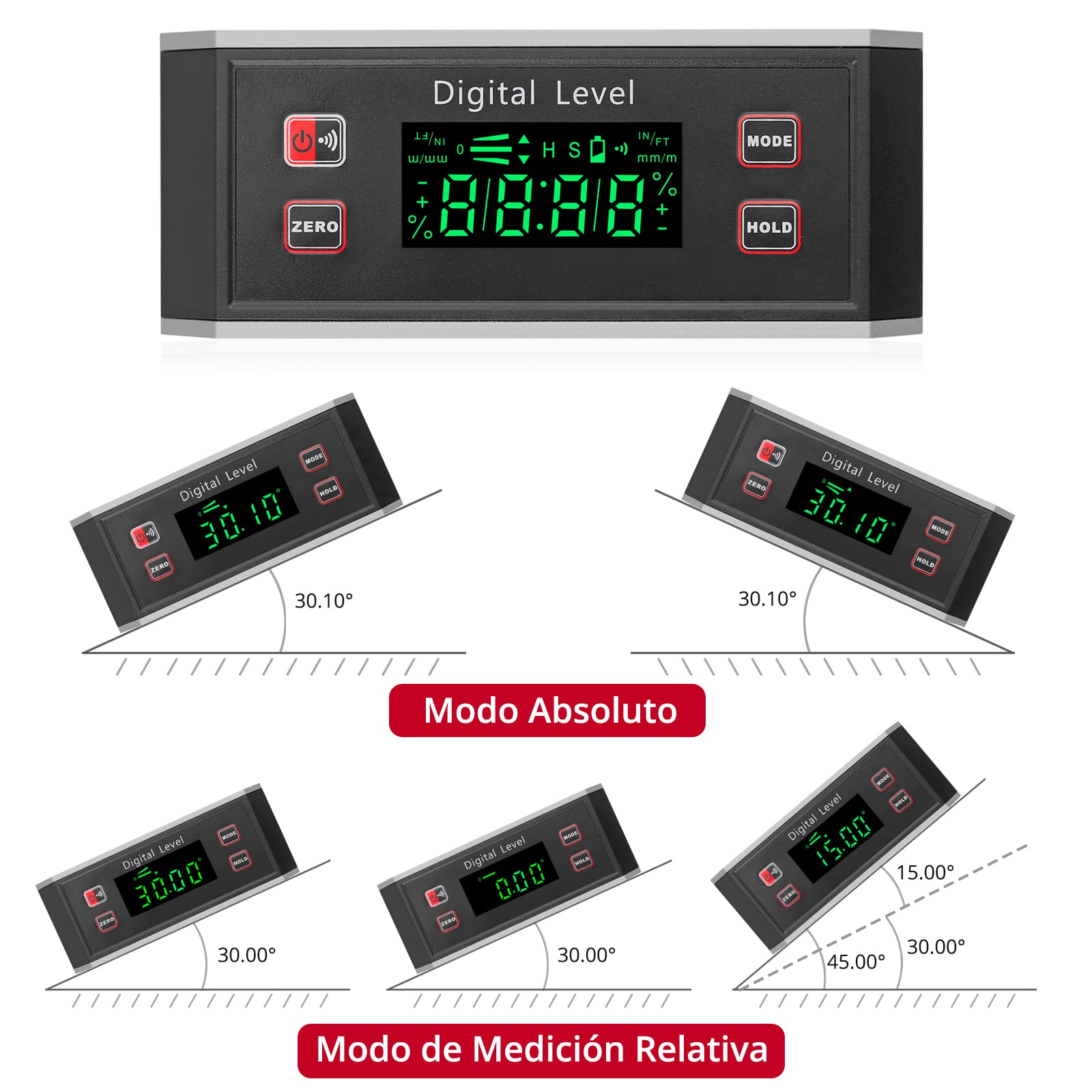 XUNTOP Inclinómetro Digital con Base Magnética con Ranura en V Buscador de Ángulo de 4 ×90 ° IP65 Impermeable Transportador de Ángulo Digital Aleación de Aluminio con 4 Unidades °% mm/m IN/FT