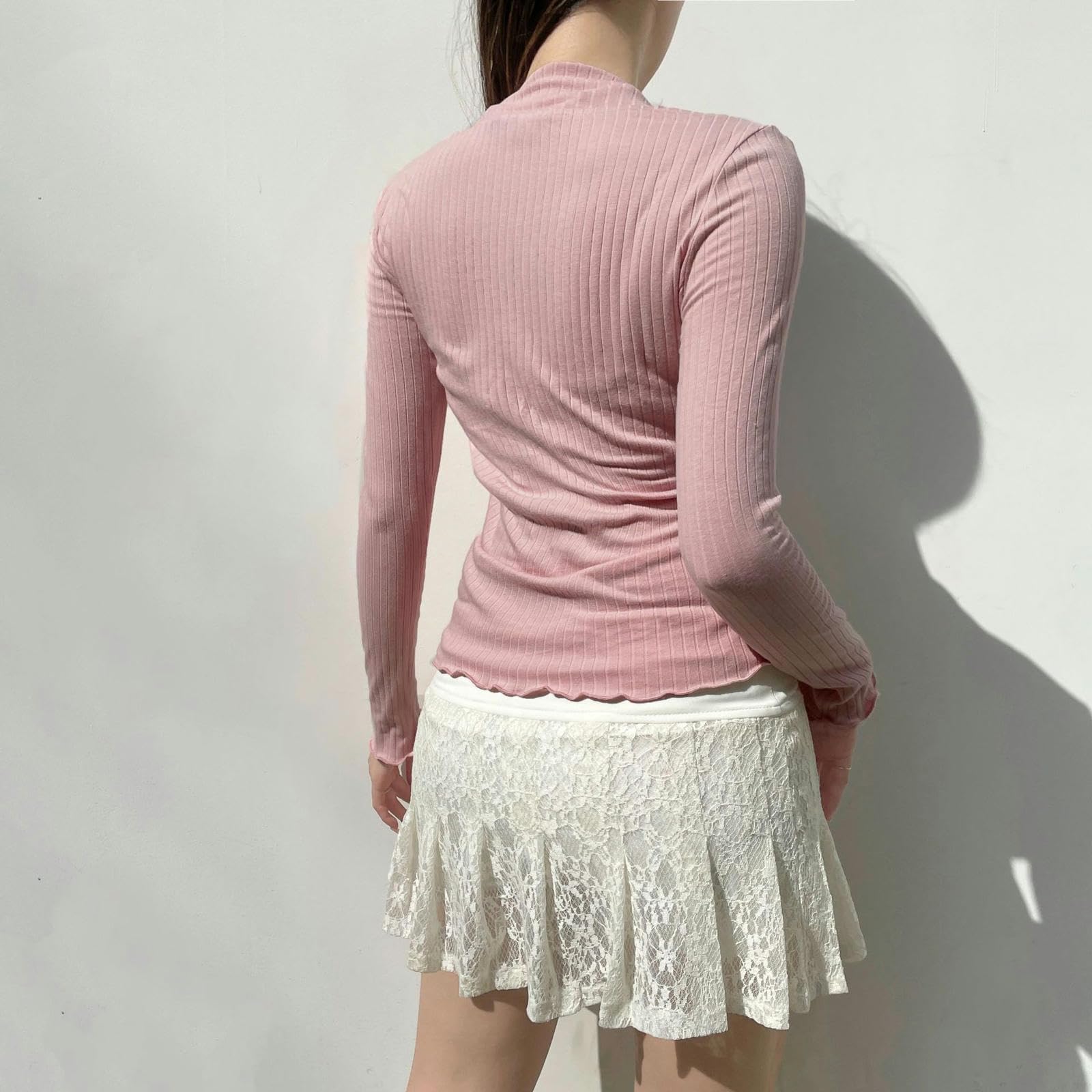Estilo Suave y Dulce Corbata de Empalme de Encaje Pajarita Cuello Cuadrado Top Rosa niña Encaje versátil Mangas largas-07827 Rosa Claro-S
