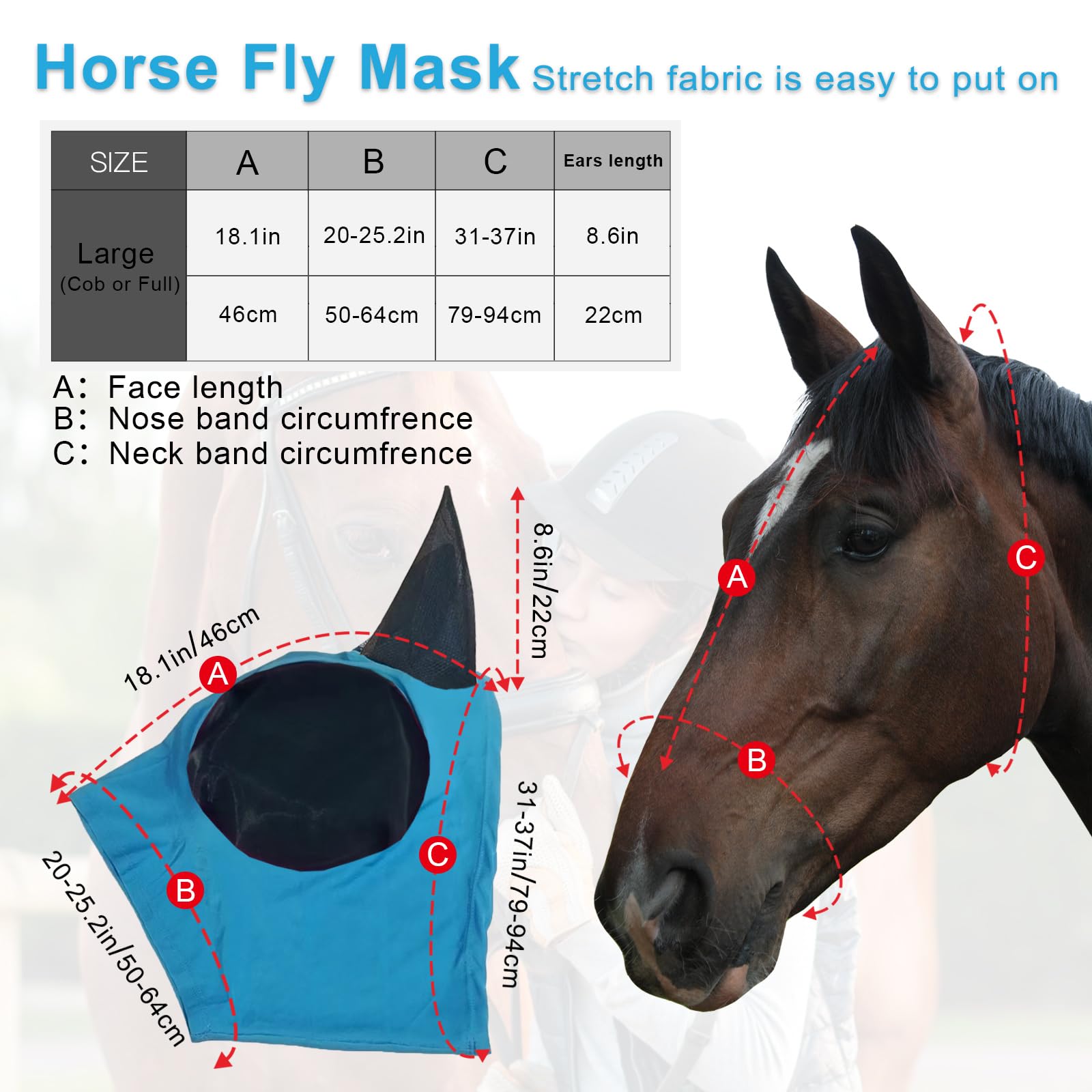 HUAME Horse Fly Mask with Ears, Comfortable Fit Stretch Fabric with UV Protection Soft on Skin Breathability for Medium or Large Size Horses (Blue, Large)