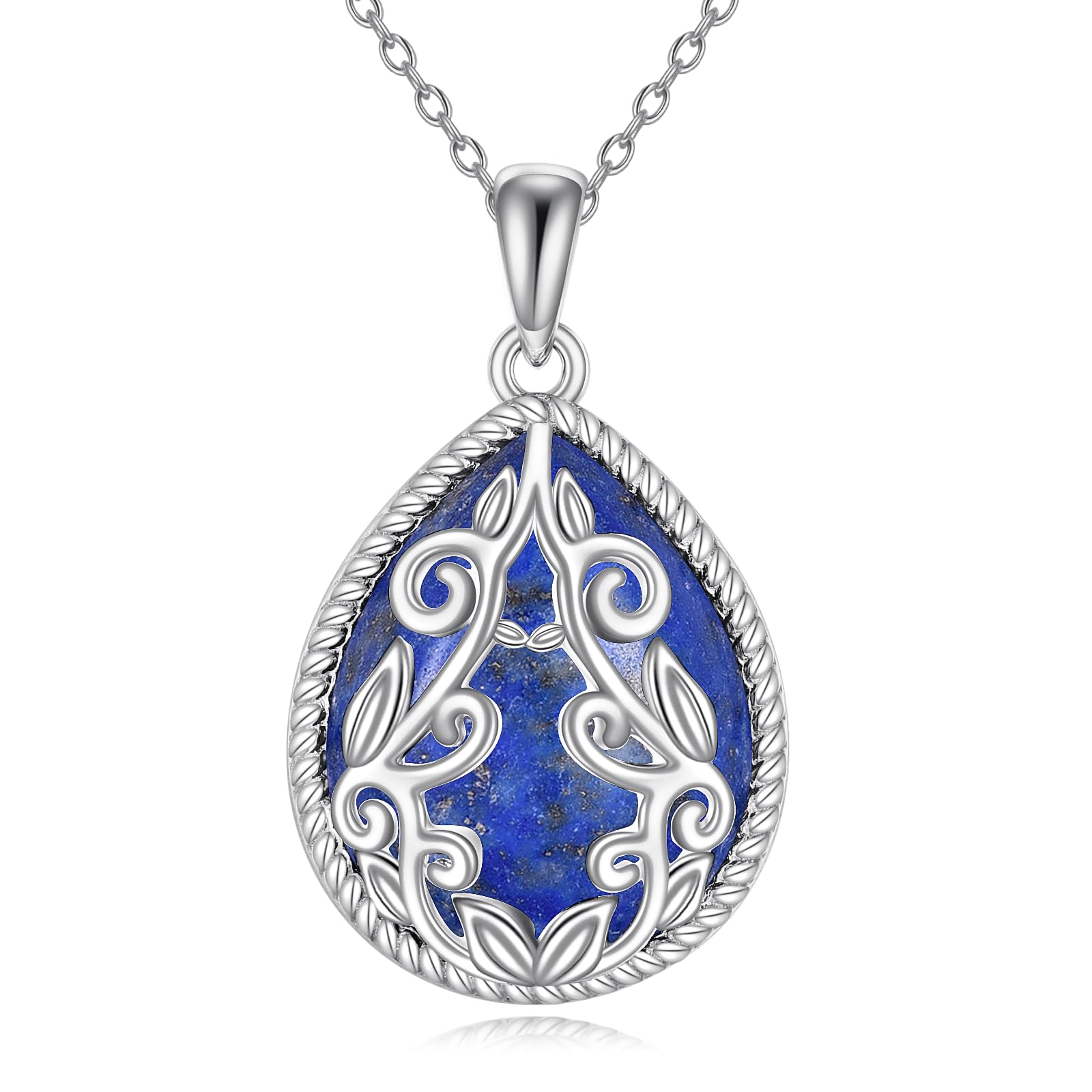 YAFEINI Teardrop Necklace Sterling Silver Filigree Irish Pendant Necklace Natural Stone Moonstone/Lapis Lazuli/Larimar/Moss Agate Necklace Jewelry