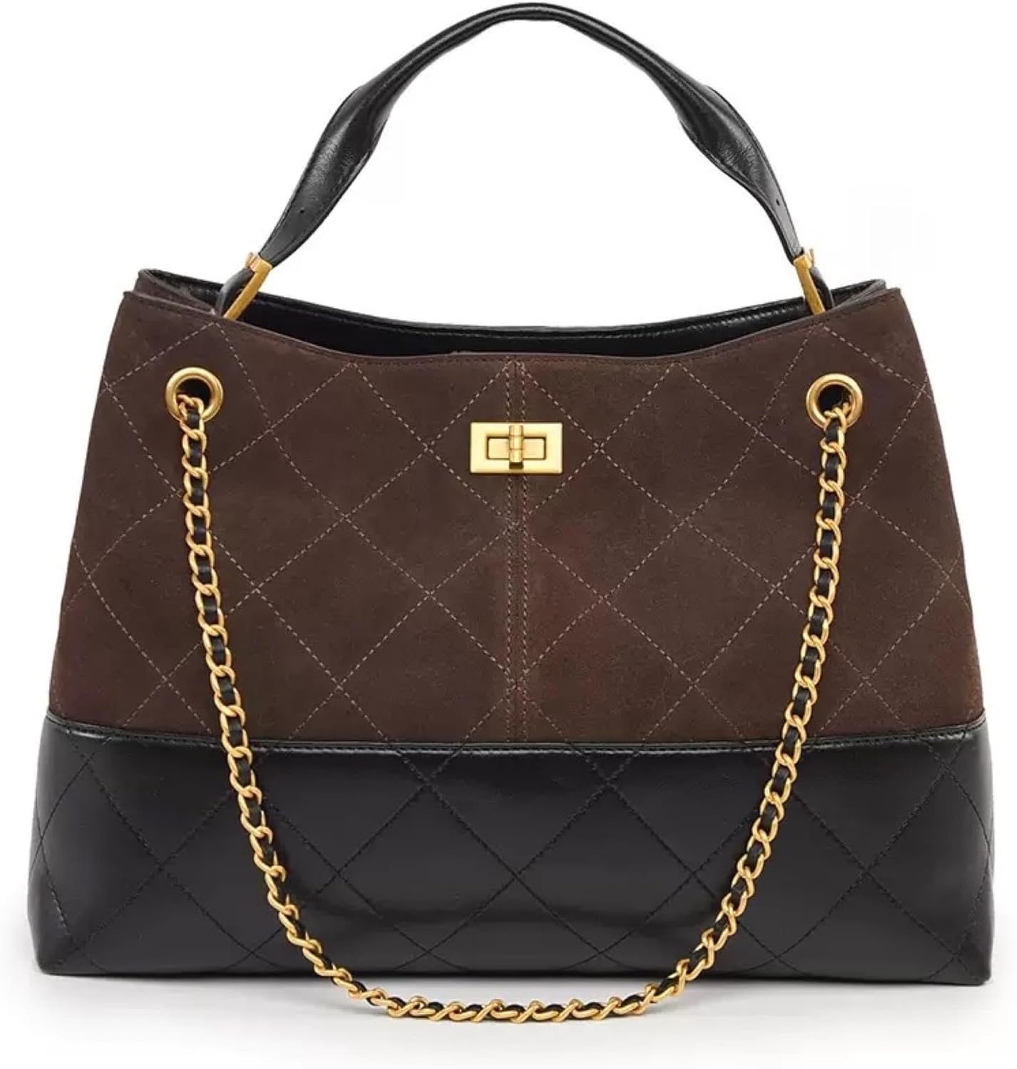 Quilted Bucket Crossbody Bag Purse for Women, Leather Shoulder Bag with Chain Strap & Turn-Lock Closure