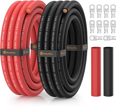 6 Gauge Wire Battery Cable with Lugs, 10FT Red + 10FT Black | EPDM Oxygen-Free Copper Welding Cable, Flexible/Wear Resistant, 3/8" & 5/16" Lugs for Solar, Inverter, Marine, RV, Generator