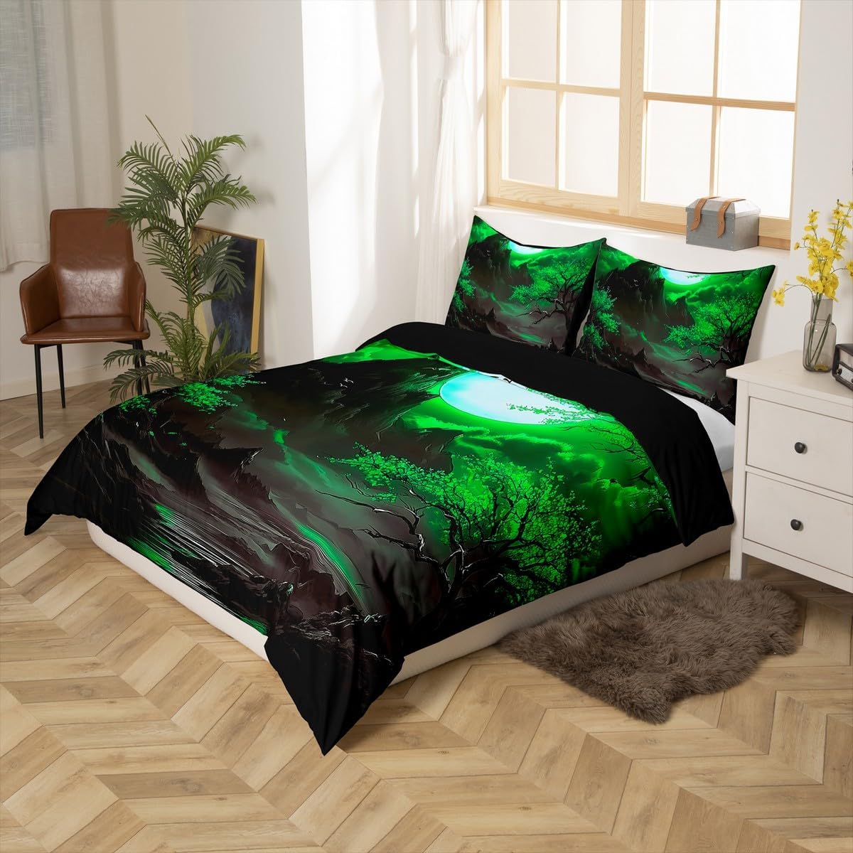 jejeloiu Japanese Style Duvet Cover Toddler Size Kids Green Cherry Blossoms Sun Comforter Cover Set for Boys Girls Teens Mount Fuji Bedding Set Breathable Ink Painting Bedspread Cover Quilt Cover