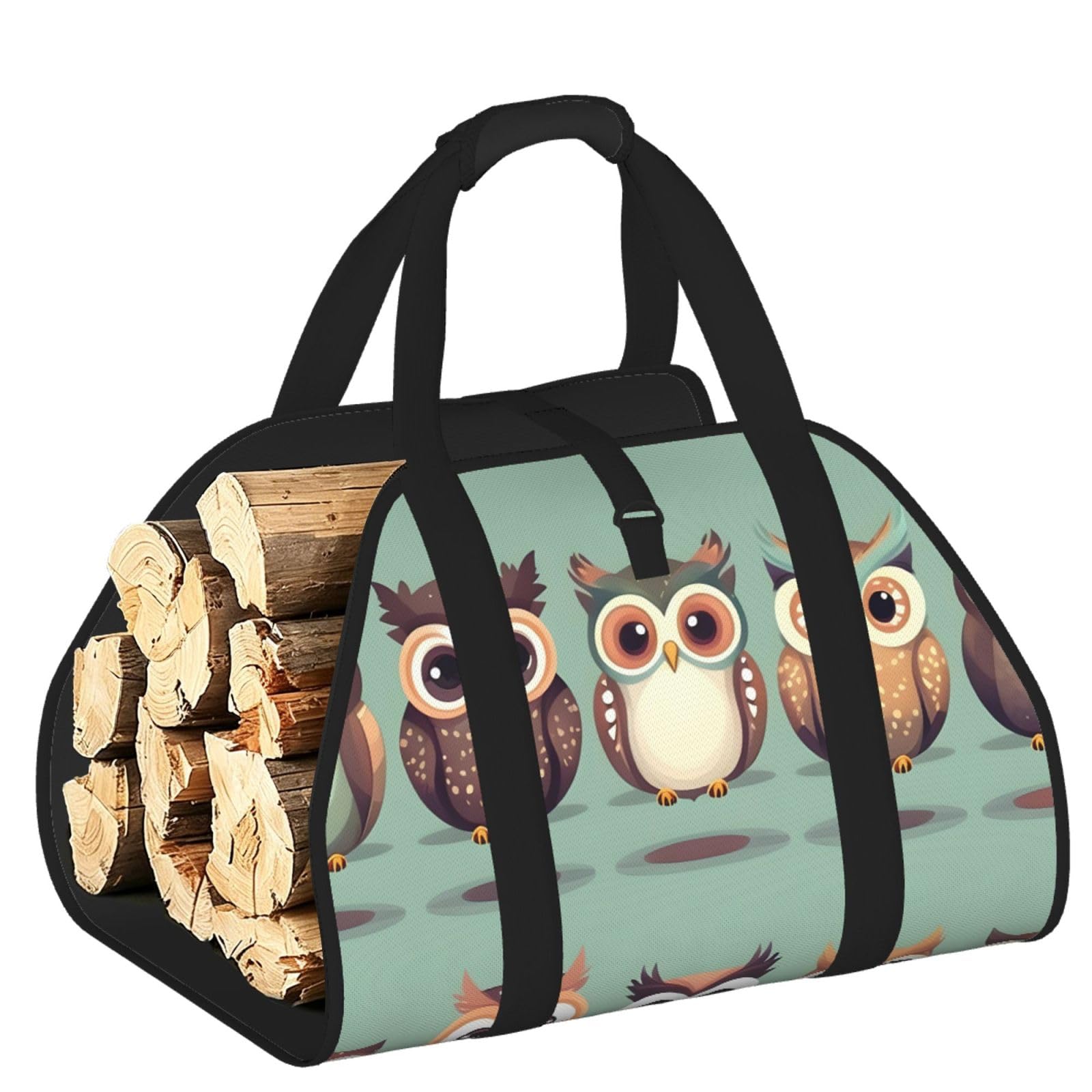 Cartoon Owls Cute Printed Firewood Carrier Bag, Log Tote with Open-Ended Design for Camping Outdoor Wood Hauling