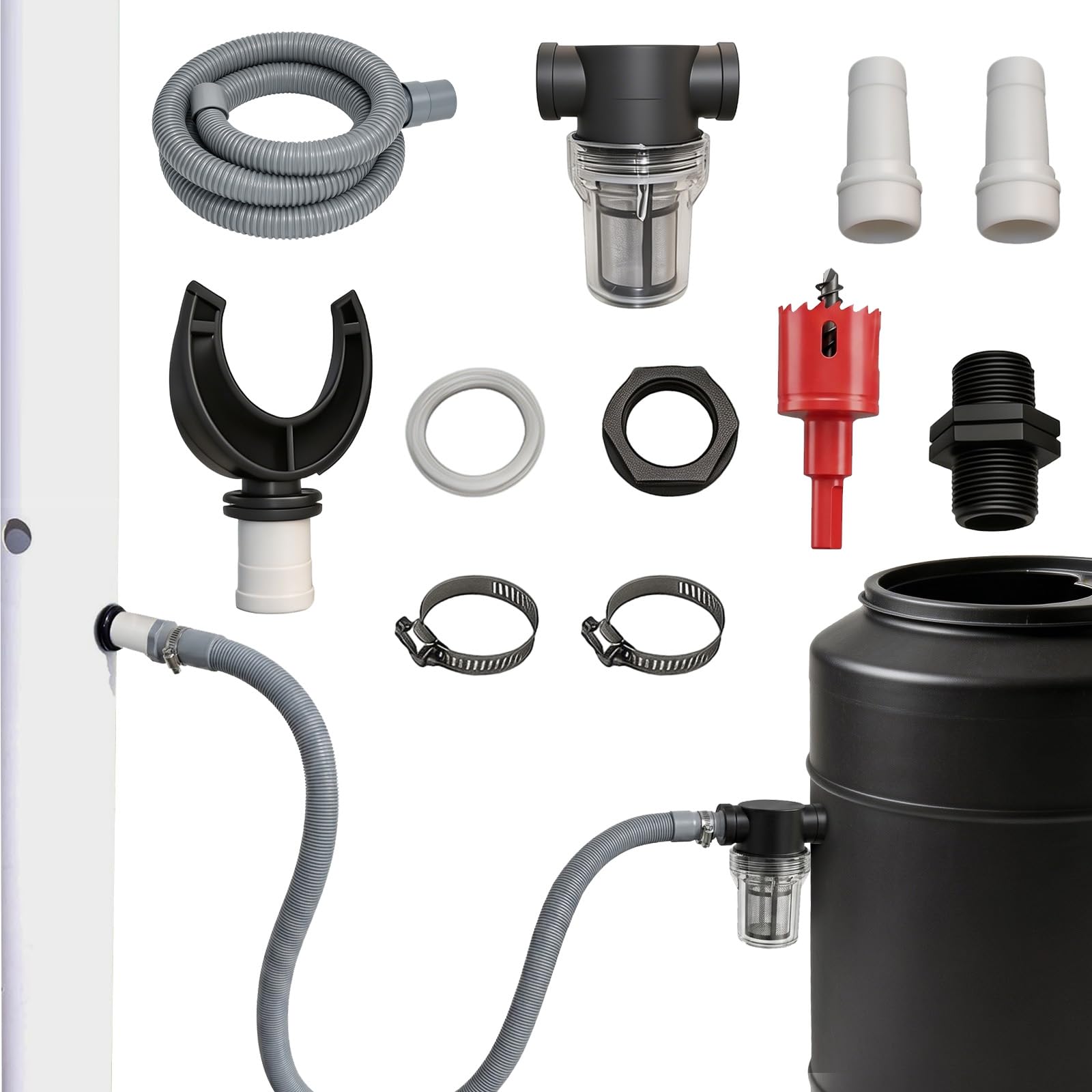 Kit de dérivation d'eau de pluie extérieur et système de collecte avec filtres de baril