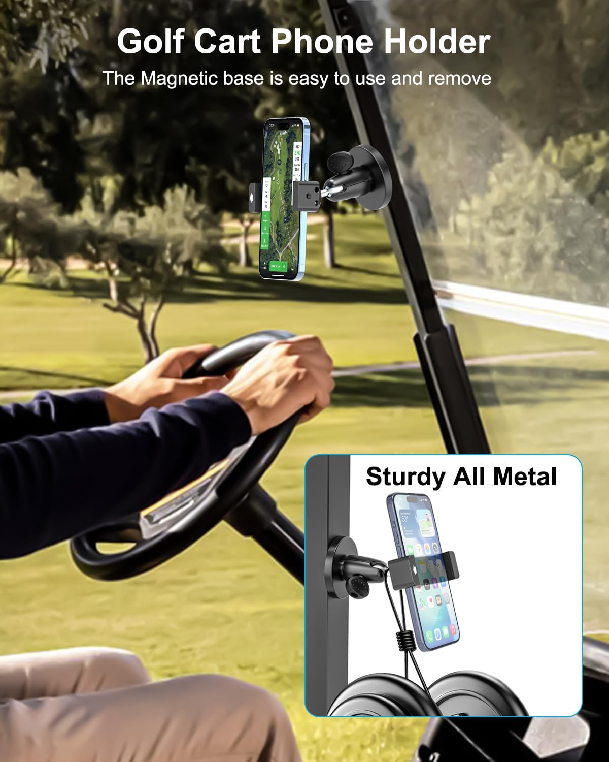 Magnetic Golf Cart Phone Mount, [Sturdy Metal Clip] Magnet Base Cell Phone Holder for EZGO/Club Car/Yamaha/Icon, Magnet Golf Cart Stand for iPhone 17 16 15 14, Galaxy S/A, All 4-7" Phone