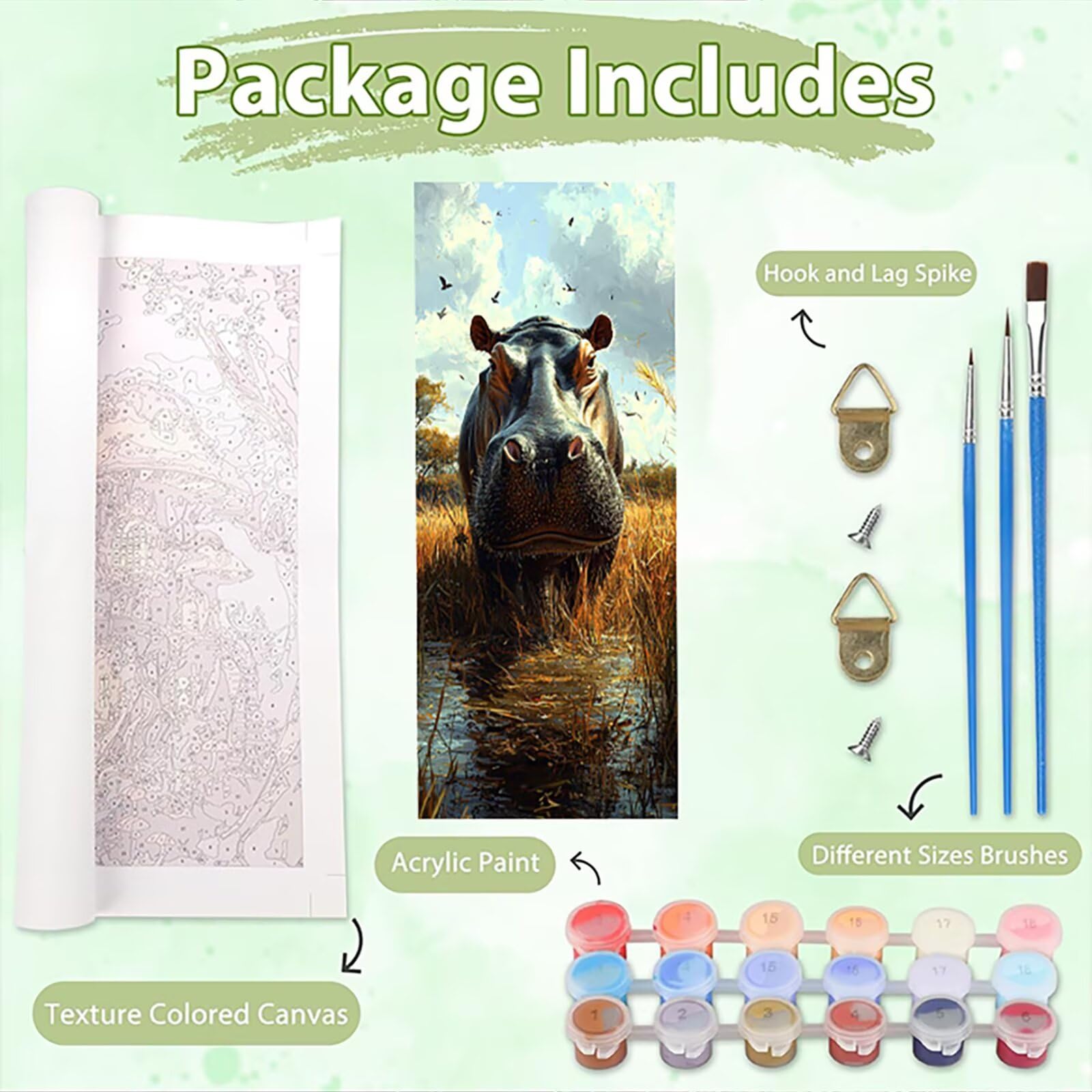 Malen Nach Zahlen 50x150cm Leinwand Flusspferd Malen Nach Zahlen Erwachsene mit Ohne Rahmen, DIY Kreativ Set für Erwachsene mit Pinseln und Acrylfarbe, Zimmer Deko Wald Landschaft Geschenk, P0M-1040