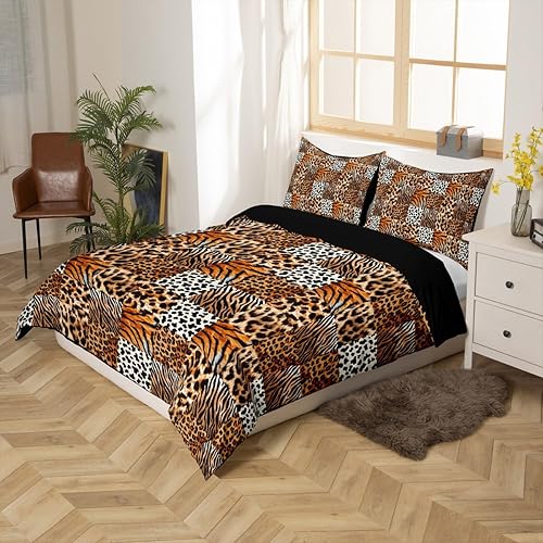 Miniatura 2 de jejeloiu Juego de funda de edredón con estampado de leopardo, juego de ropa de cama de guepardo para niños y niñas, safari, cuadros, marrón, juego