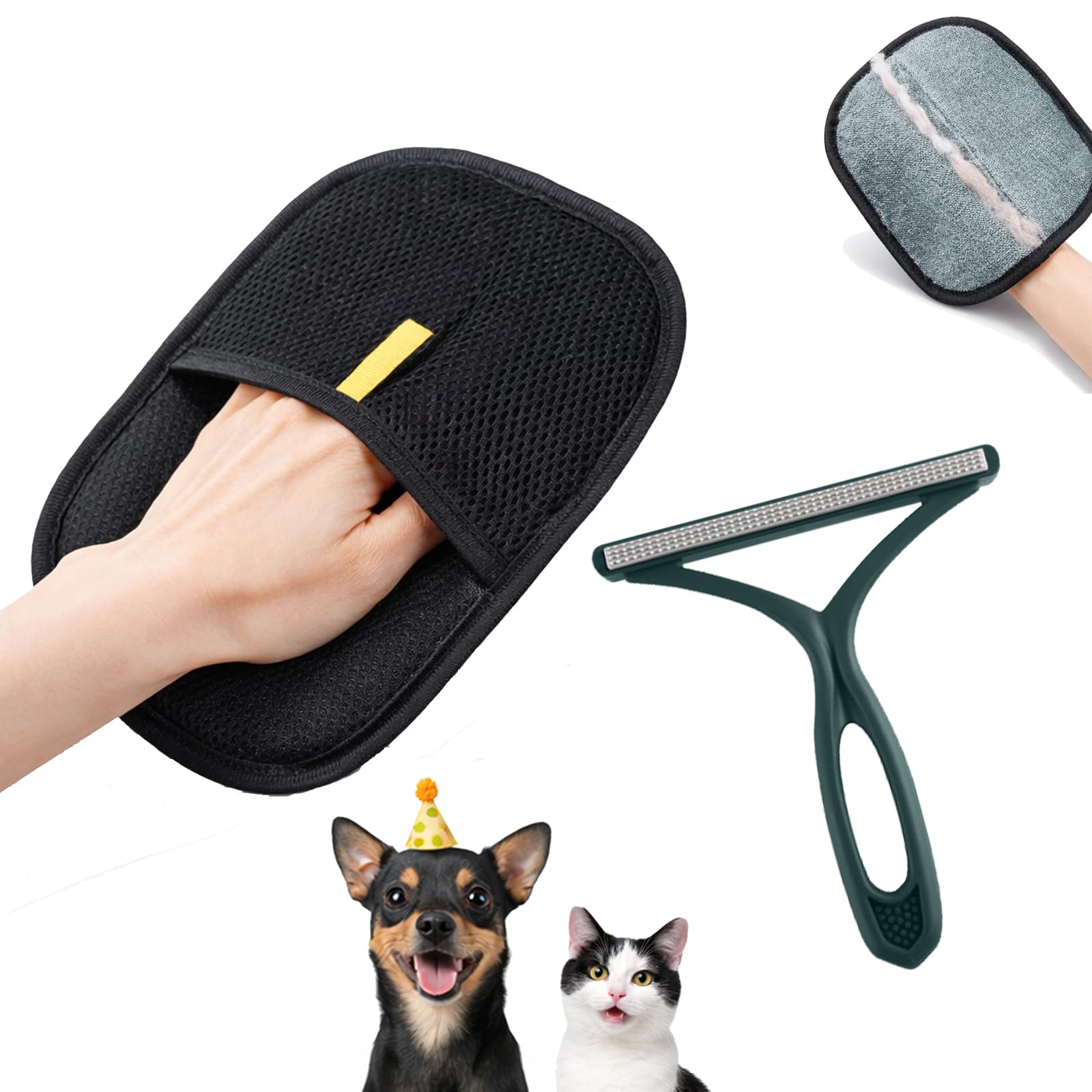 Dual-Sided Pet Hair Removal Glove and Brush Set - Reusable Dehairing Tool for Clothes, Carpets, Sofas, Car Seats, Effortlessly Removes Dog and Cat Fur, No Batteries Needed