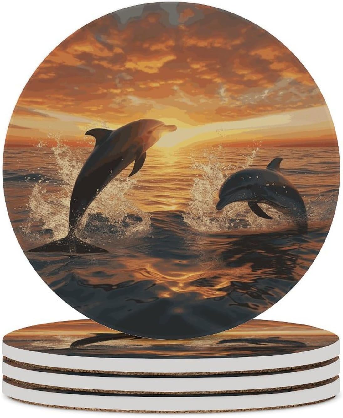 Dolphins Jumping Out of The Water at Sunset Coasters for Drinks Absorbing Round Ceramic Stone Coaster with Cork Base Coffee Cup Beverage Table Cup Mat Modern Style Bar Coaster Set for Home Decor