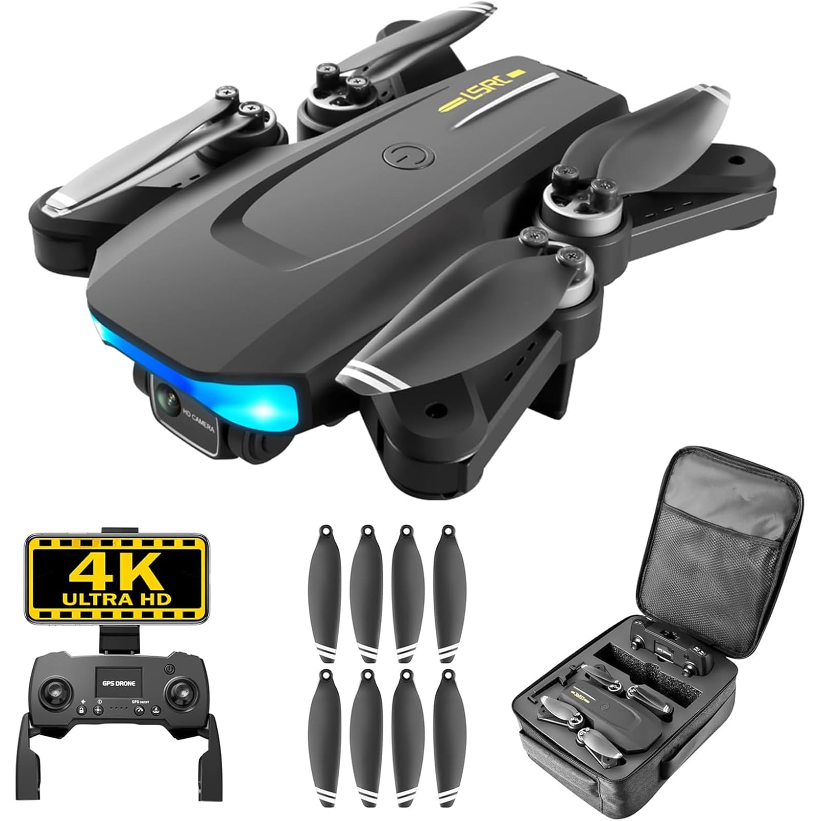 Generico Drone GPS con telecamera 4K, motore Brushless, telecomando pieghevole RC Quadcopter Drone per principianti con ritorno automatico, Follow Me, Circle Fly, 28pcs pale dell'elica e 3pcs batteria