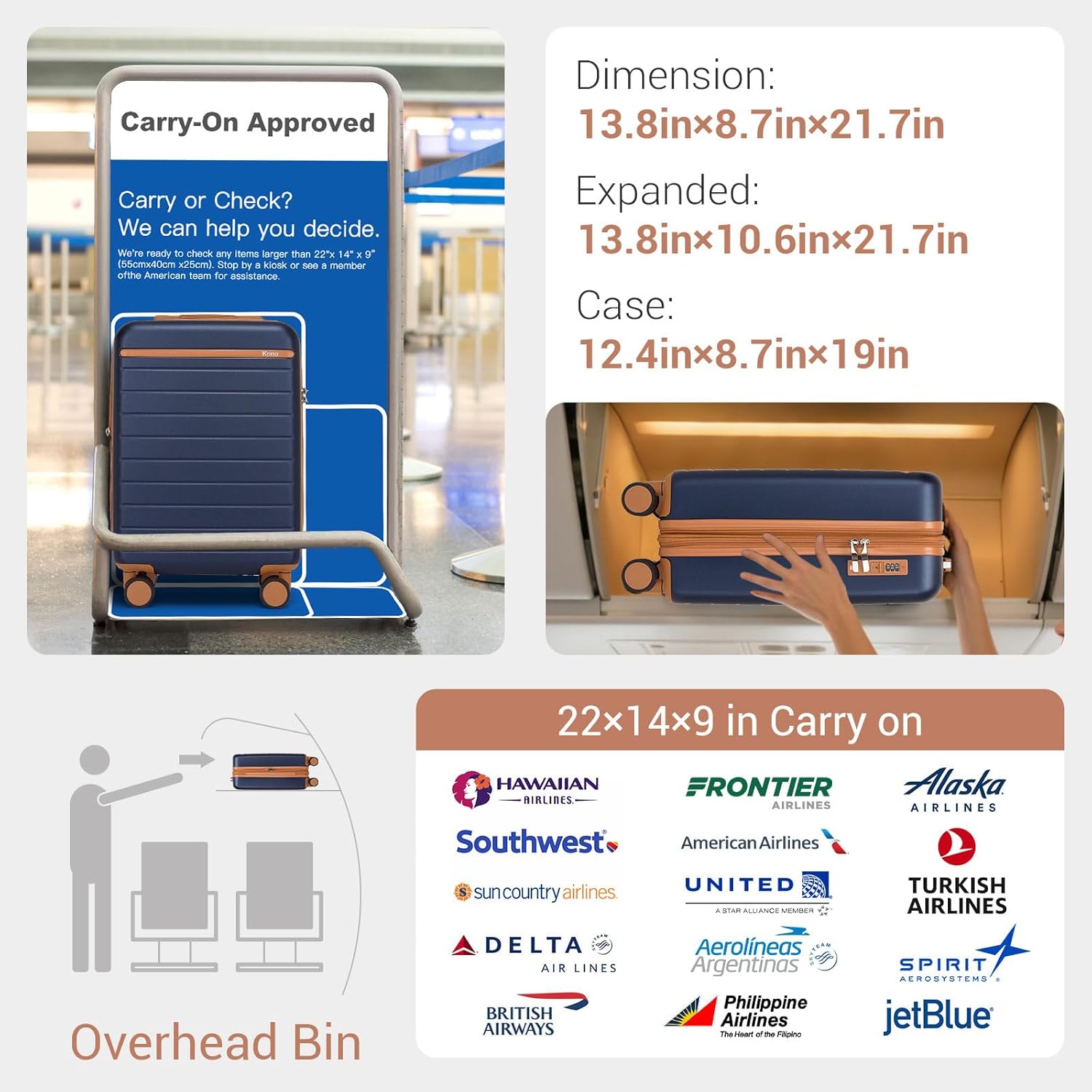 Kono Expandable 20 Inch Carry On Suitcase Airline Approved, Lightweight ABS+PC Hardshell Luggage with 360° Silent Spinner Wheels, Navy/Brown