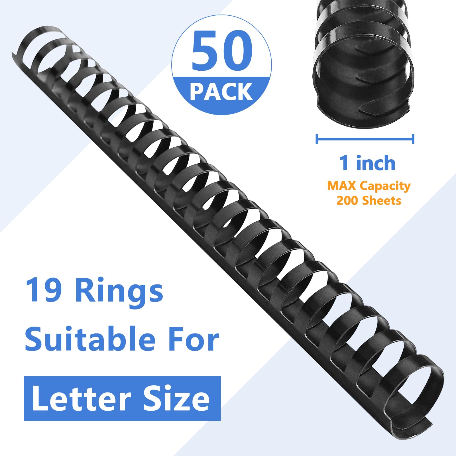 HOUYEE 50 Pack 1 Inch Plastic Binding Combs,19 Rings, 200 Sheets Capacity