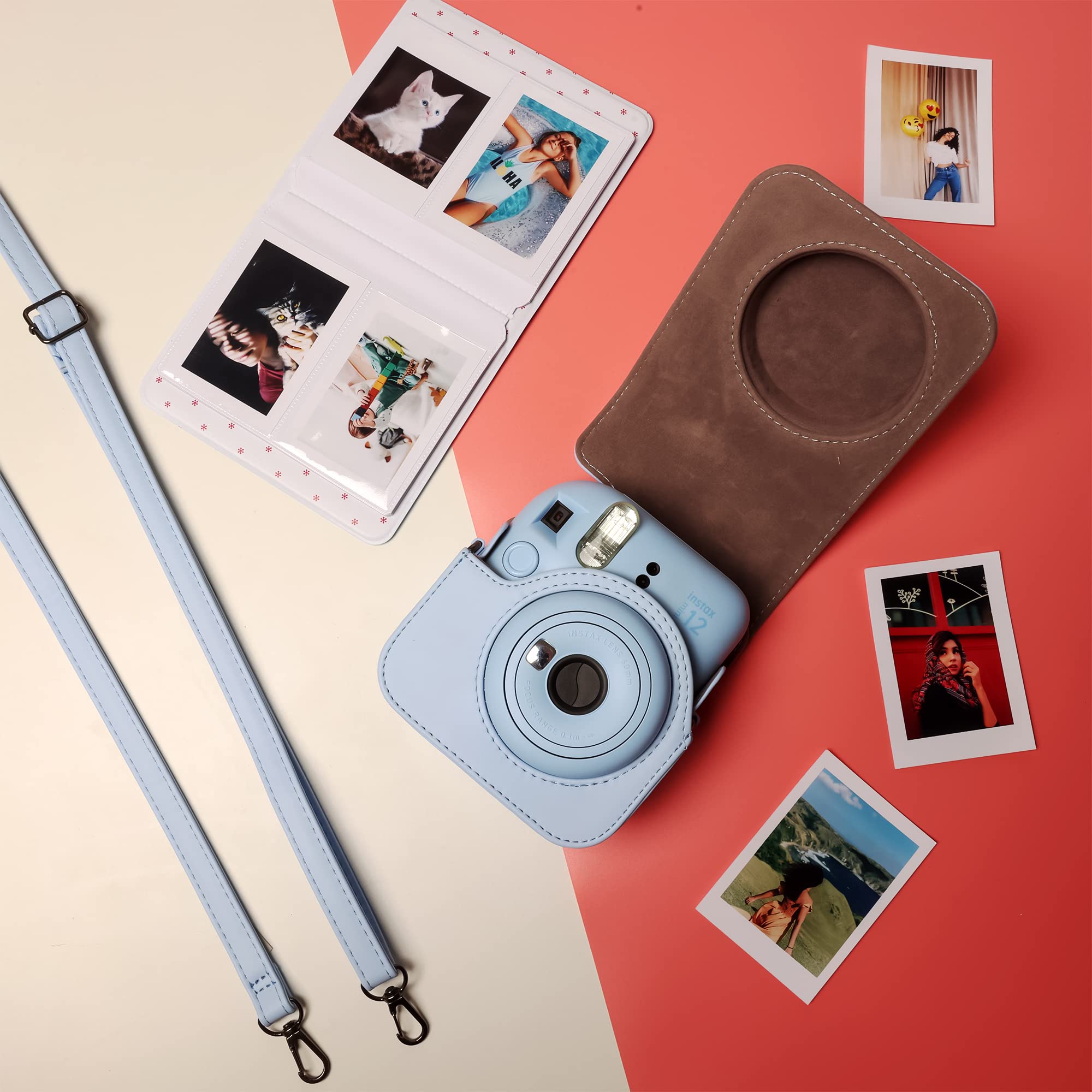 Custodia per fotocamera e album fotografico a 64 tasche, compatibile con Fujifilm Instax Mini 12, in pelle PU, portatile, mini 12, con tracolla regolabile e album fotografico, blu, PICCOLO