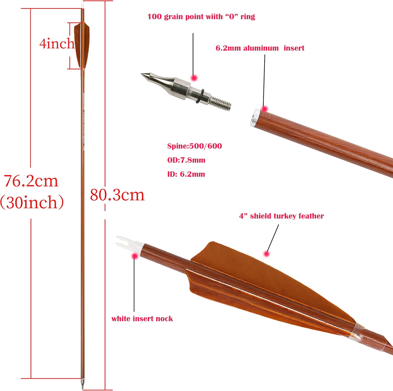 30" Archery Carbon Hunting Arrows Traget Practice Arrow Spine 500 600 with 4” Turkey Feather Fletching 100 Grain Removable Field Tips for Compound Bow and Recurve Bow (12 pcs arrow, Spine 600)