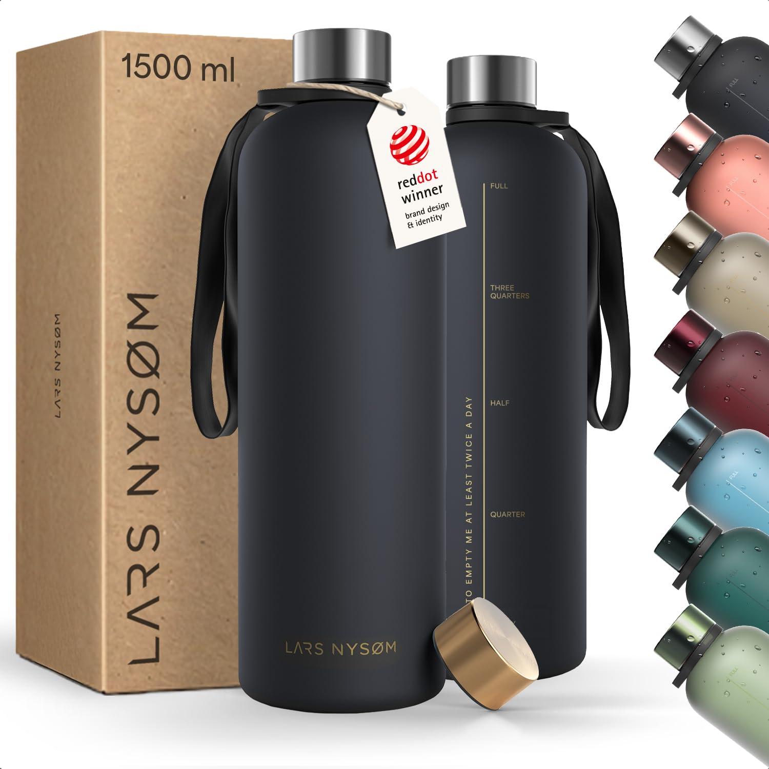 LARS NYSØM Water Bottle 51oz | Drinking Bottle 1,5Liter | Ultralight Tritan Sports Flask leak-proof | Ideal for sports, office, yoga | 2 lids included (Black - Gold, XL 1500ml)