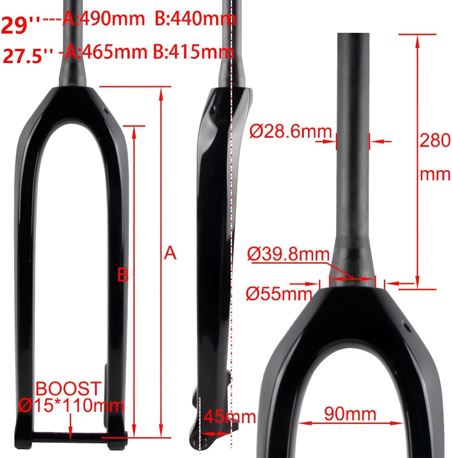 29'' Mountain Bike Rigid Fork 1-1/2'' Tapered Tube Carbon Fiber Rigid Fork Thru Axle 15x110mm Boost Front Forks Disc Brake 694g(Black Glossy)