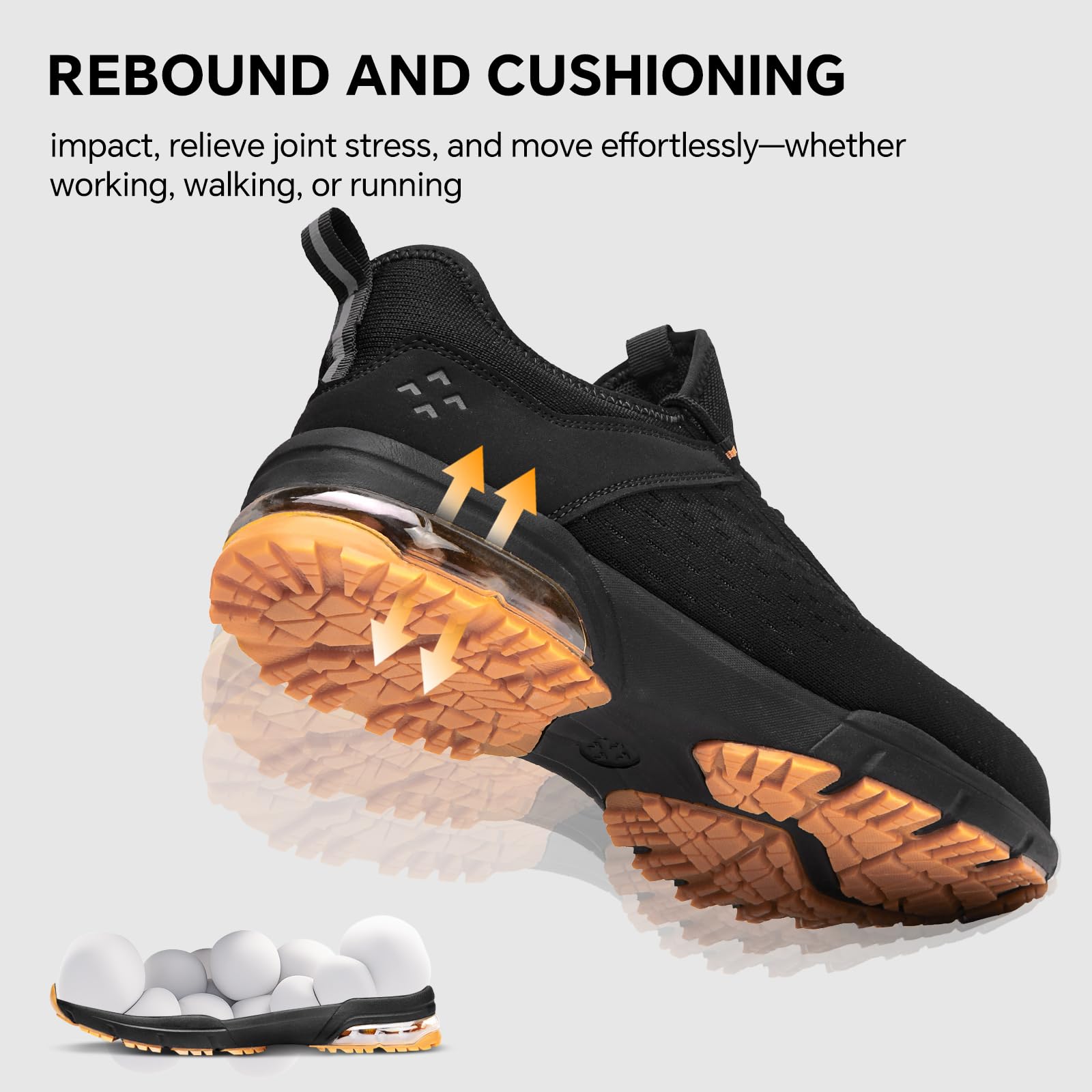 SPIEZ Scarpe di Sicurezza per Uomini e Donne - Punta composita Non in Acciaio con Cuscino d'Aria, Design Leggero da Scarpe da Ginnastica, comode da Indossare a Mani libere, Nero Arancione EU 36-46