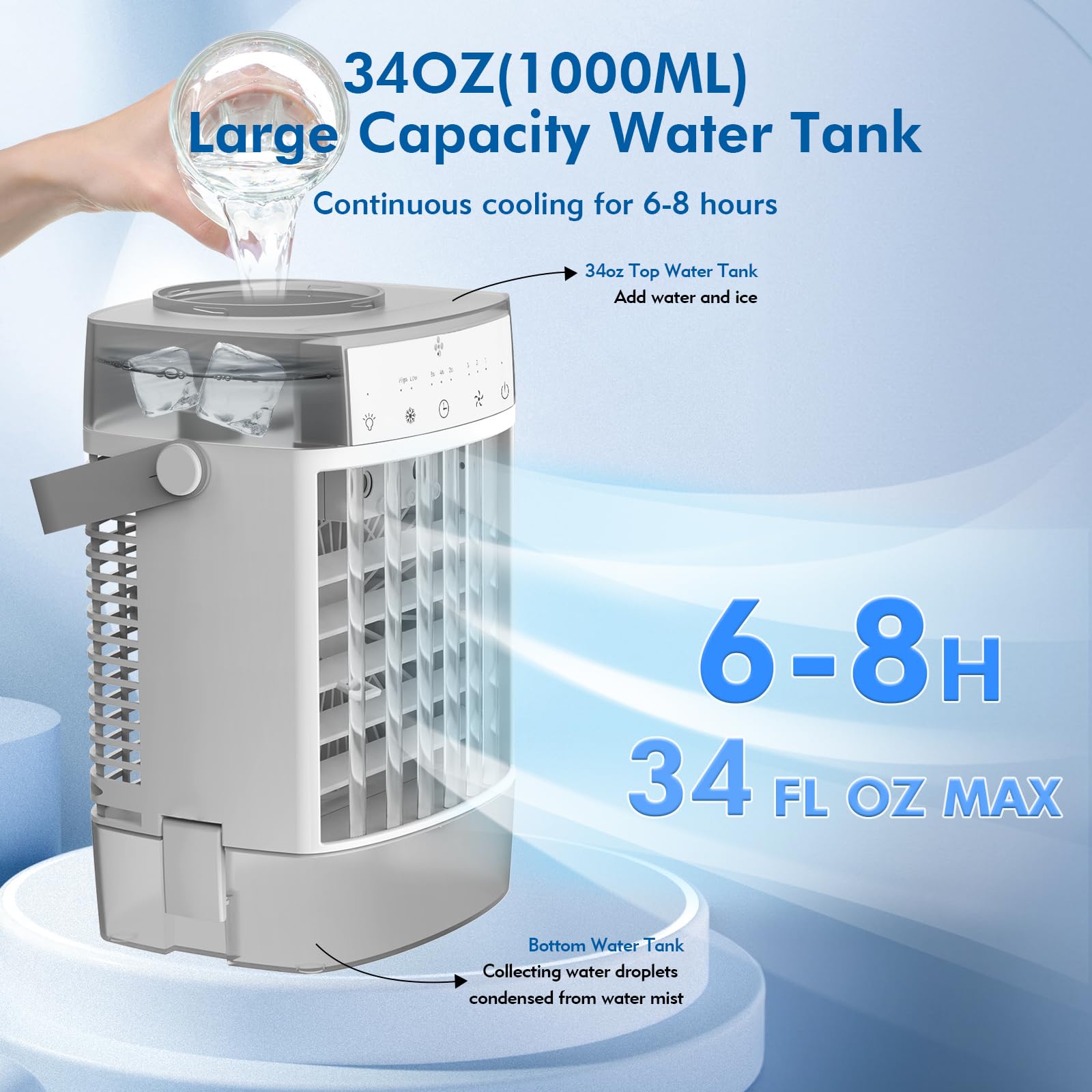 Condizionatore d'aria portatile, unità CA 3 in 1, mini condizionatore d'aria personale con serbatoio d'acqua da 1000 ml, timer 2/4/6h, piccola ventola di raffreddamento con ricarica USB (include