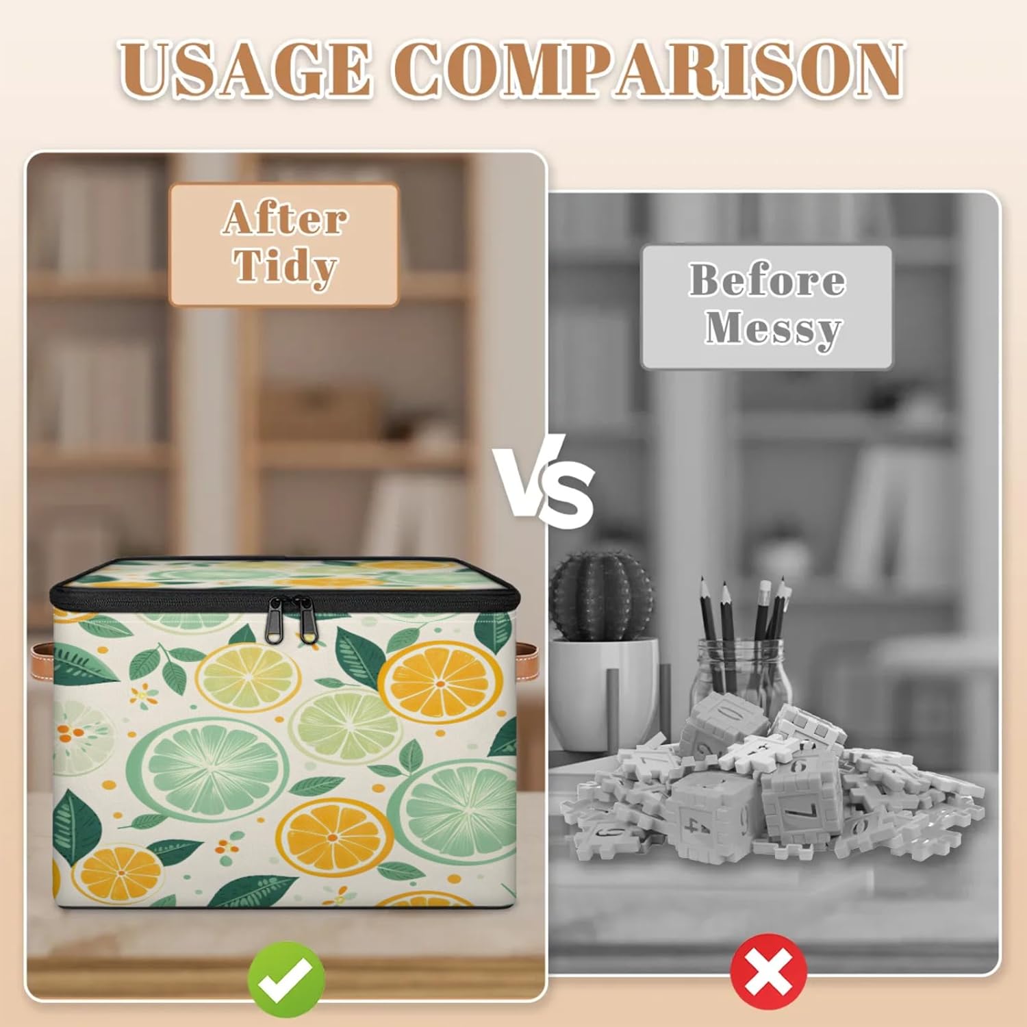 Storage Bin Set of 2 Lemon Lime Storage Basket with Zipper Lid & Handle Foldable Closet Shelf 2 Pack Cloth Organizer Basket Cube Bins Clothes Organizer for Nursery, Bedroom