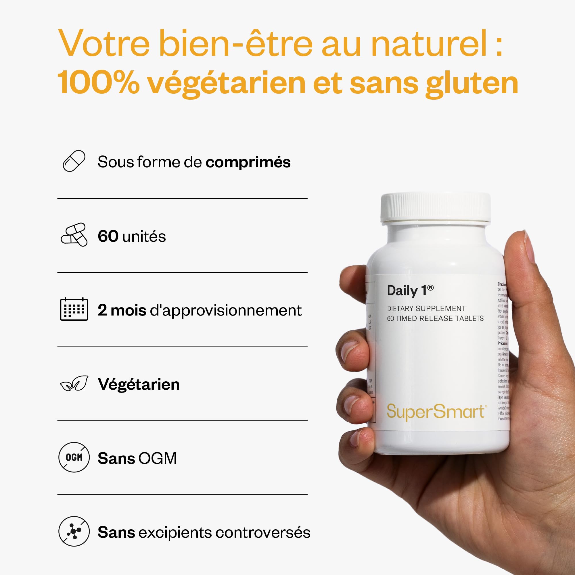 Complexe Multivitaminé Daily 1® - Complexe Anti-Fatigue - SuperSmart | 30 Vitamines et Minéraux - Vitalité et Bien-être - Vitamines A, D3, B12, C… - Sans Minéraux Controversés - 60 comprimés