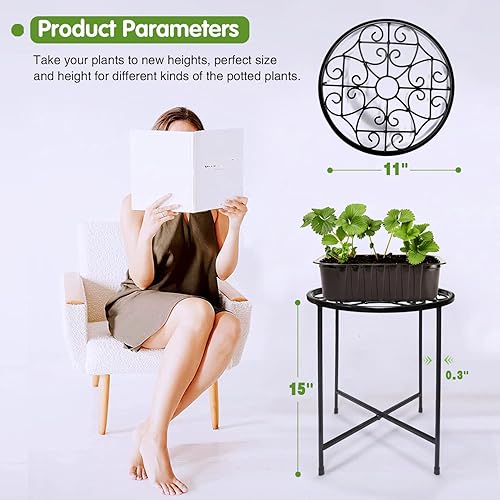Miniatura 2 de Soporte de metal para plantas de 15 pulgadas de alto, soporte redondo de 11 pulgadas de ancho para macetas de hasta 100 libras, soporte para plantas