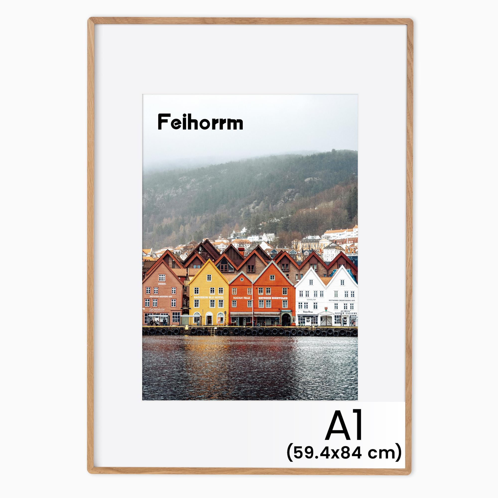 Feihorrm Cornice portafoto in legno massiccio, Cornice per foto A1 in rovere, con vetro temperato, per foto 59,4x84 cm senza passepartout o foto 41x58,4 cm con passepartout (Beige, A1 (59,4x84 cm)/ 1x