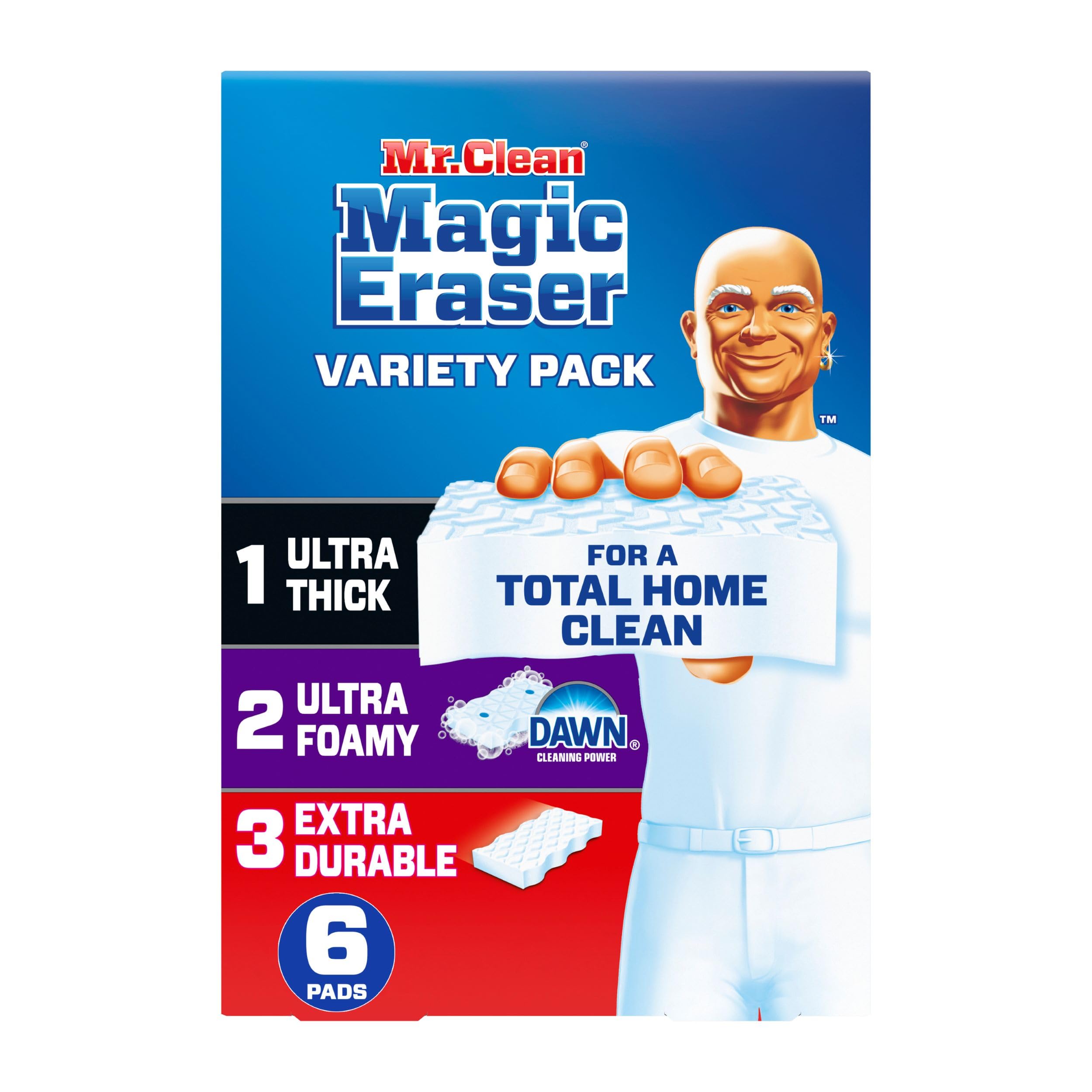 Mr. Clean Magic Eraser Variety Pack with Ultra Thick, Ultra Foamy, and Extra Durable Multi Purpose Cleaner, Magic Eraser Sponge Multi Surface Cleaner, 6ct