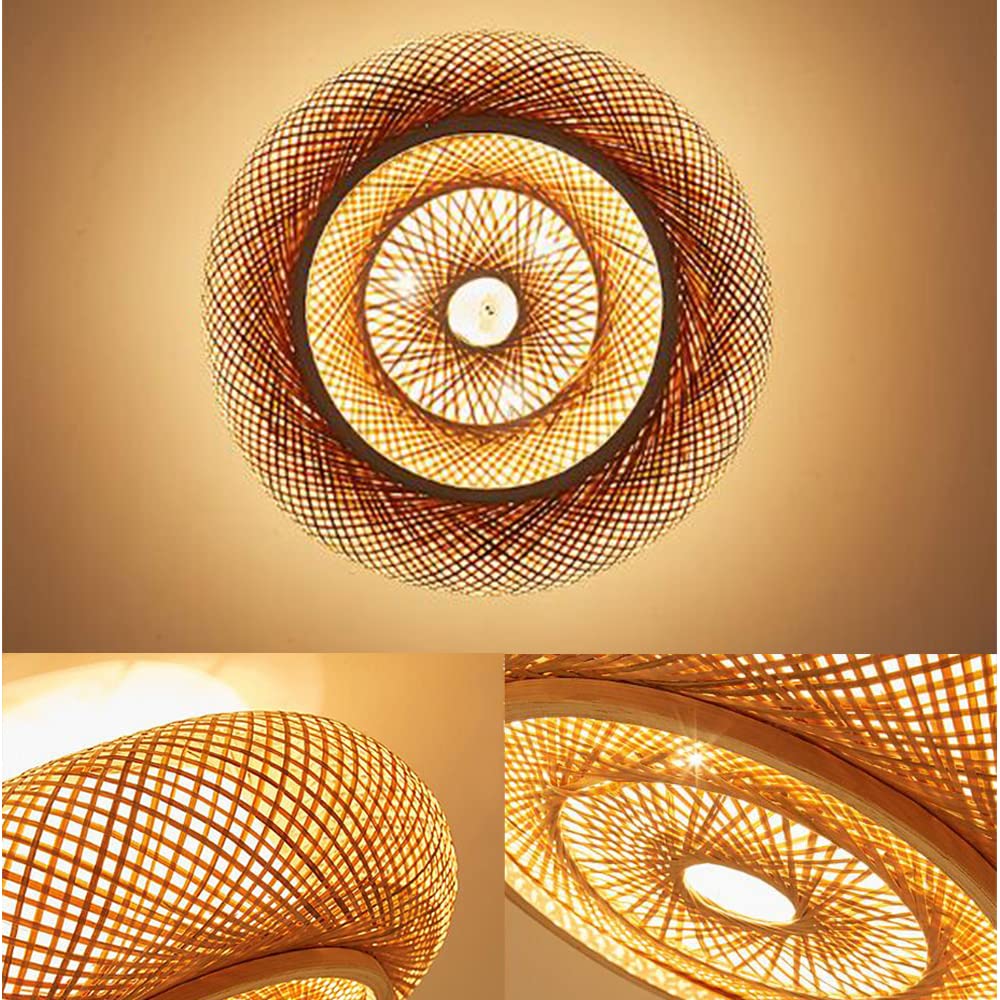Lfoute Retro Bamboe Hanglamp E27 Plafondlamp - Natuurlijke Rotan Vintage Geweven Lampenkap Voor Eetkamer Slaapkamer Restaurant Theekamer Cafe Verlichting Kroonluchter, A, 40cm