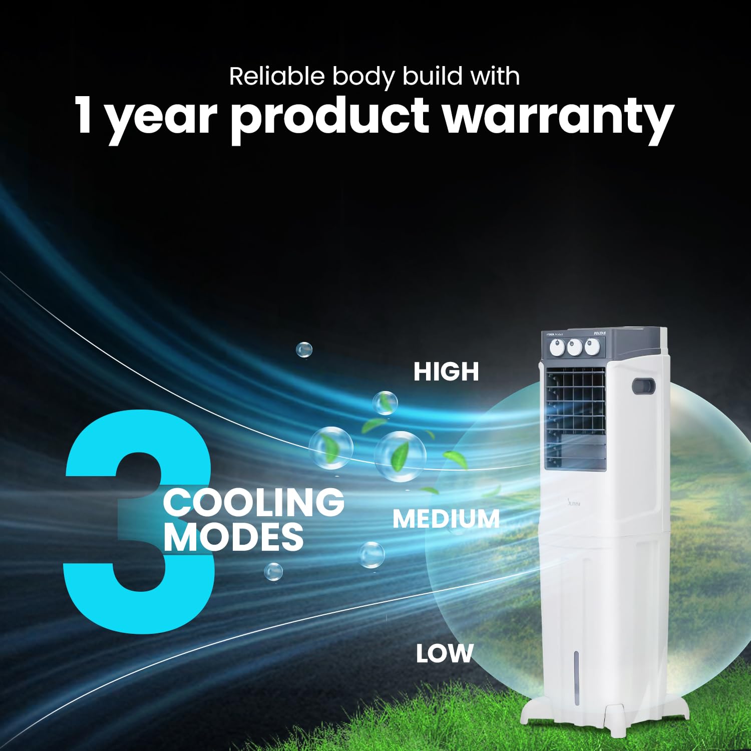 Voltas Slimm 35 showing three cooling modes: High, Medium, Low