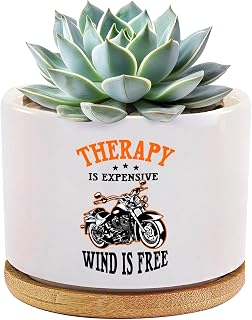 Therapy is Expensive Wind is Free Motorcycle Gifts Rider Biker Motorcyclist Dad Boyfriend Brother Ceramic Succulent Plant Pot with Bamboo Tray Home Office Decor 3.5 Inch White (No Plants)
