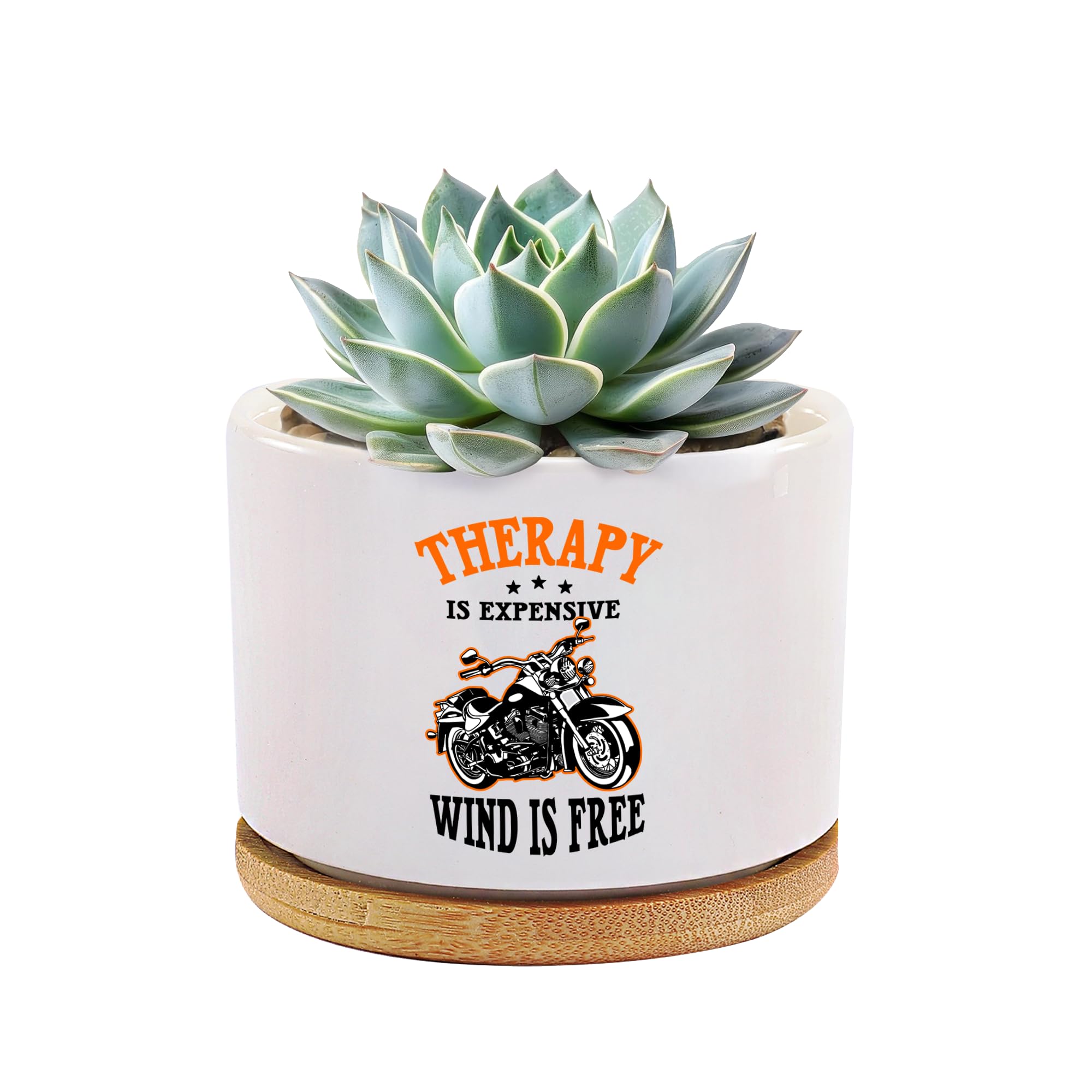 Cadeau pour moto et motard : pot de fleurs céramique blanche avec plateau bambou 8,9 cm