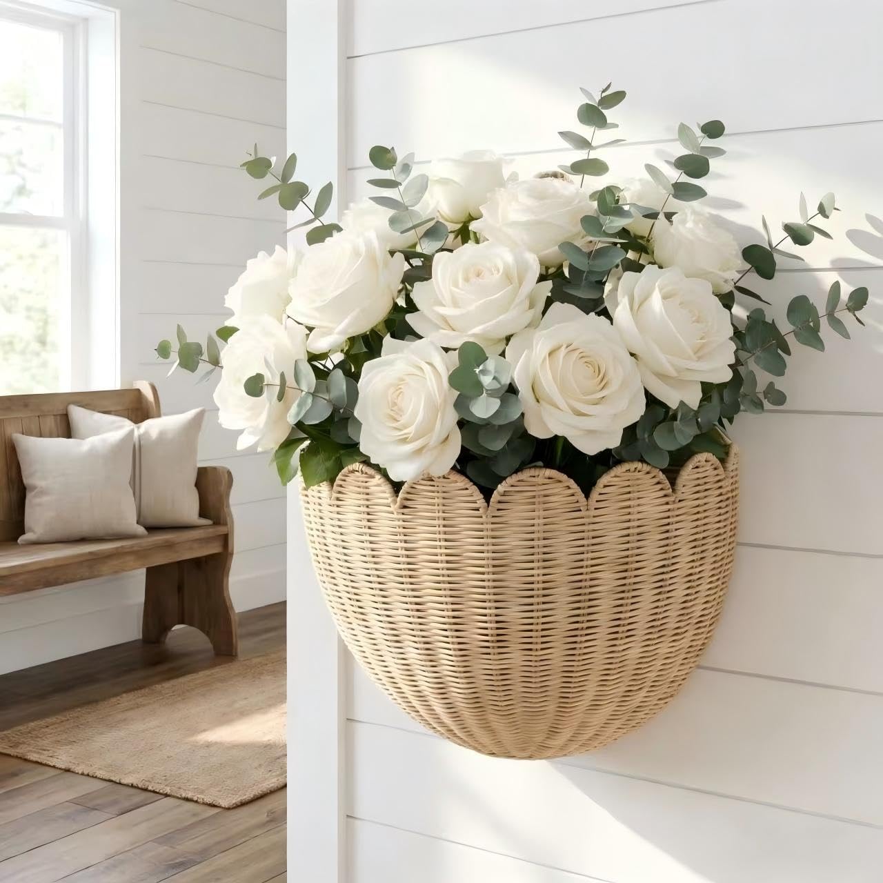 Scalloped Wicker Wall Basket - Hand Woven - Decorative Hanging Basket for Wall - 16" x 10" x 7" - Natural