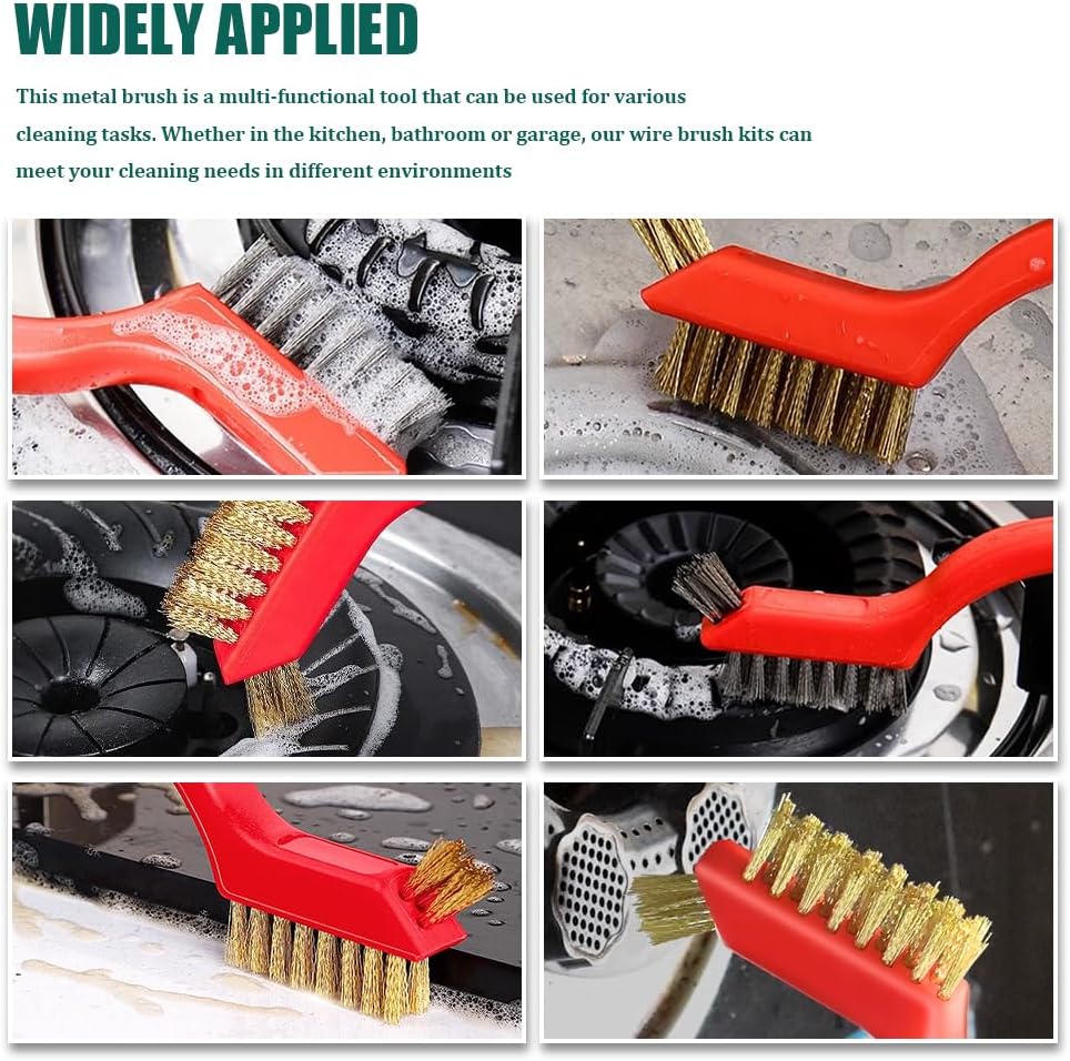 6 PCS Wire Brush Set, Car Cleaning Kit, Nylon/Brass/Stainless Steel Bristles with Curved Handle Grip, Car Accessories Wash Kit for Cleaning Welding Slag, Rust and Paint Scrubbing (6PCS)