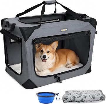 24Inch Collapsible Travel Dog Crate, 3-Door Foldable Travel Crate with Mat, Soft Blanket & Foldable Bowl, Fit Small Dogs & Large Cats, Indoor and Outdoor Use