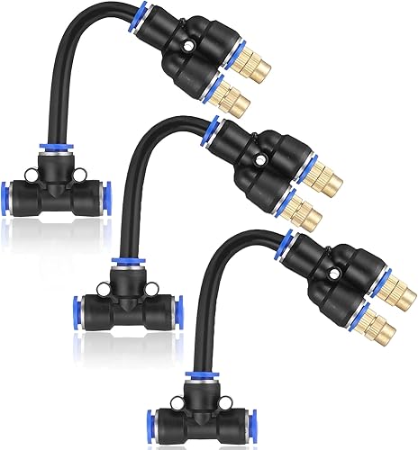 Mornajina Paquete de 3 boquillas de nebulización de latón de 2 vías con manguera integrada de 5 pulgadas para sistema de refrigeración al aire